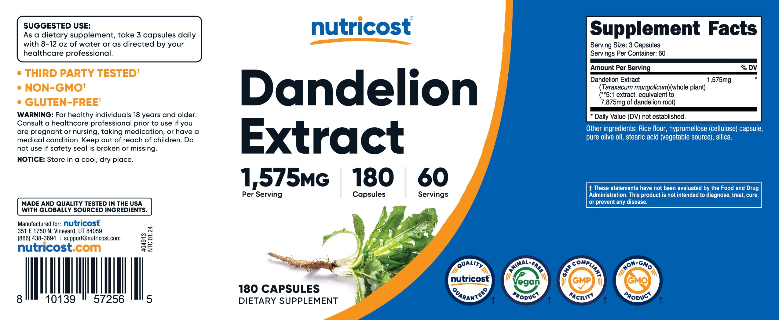 Foto 7 pulgar | Suplemento Nutricost Extracto De Diente De León 1575 Mg 180 Cápsulas - Venta Internacional.