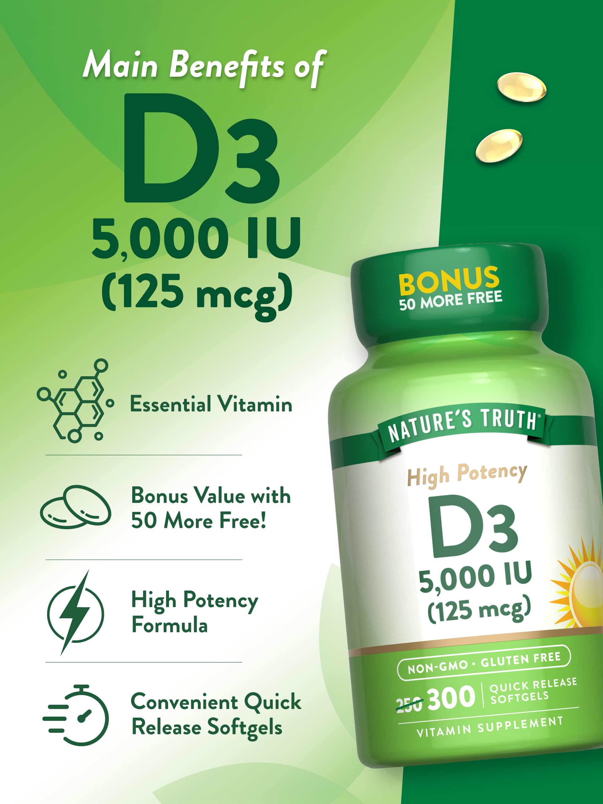Foto 6 pulgar | Suplemento Nature's Truth De Vitamina D3 5000 Ui 300 Cápsulas Blandas - Venta Internacional.