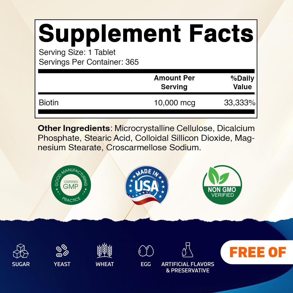Foto 3 pulgar | Suplemento Vitamático De Biotina 10 Mg 365 Tabletas Veganas - Venta Internacional.