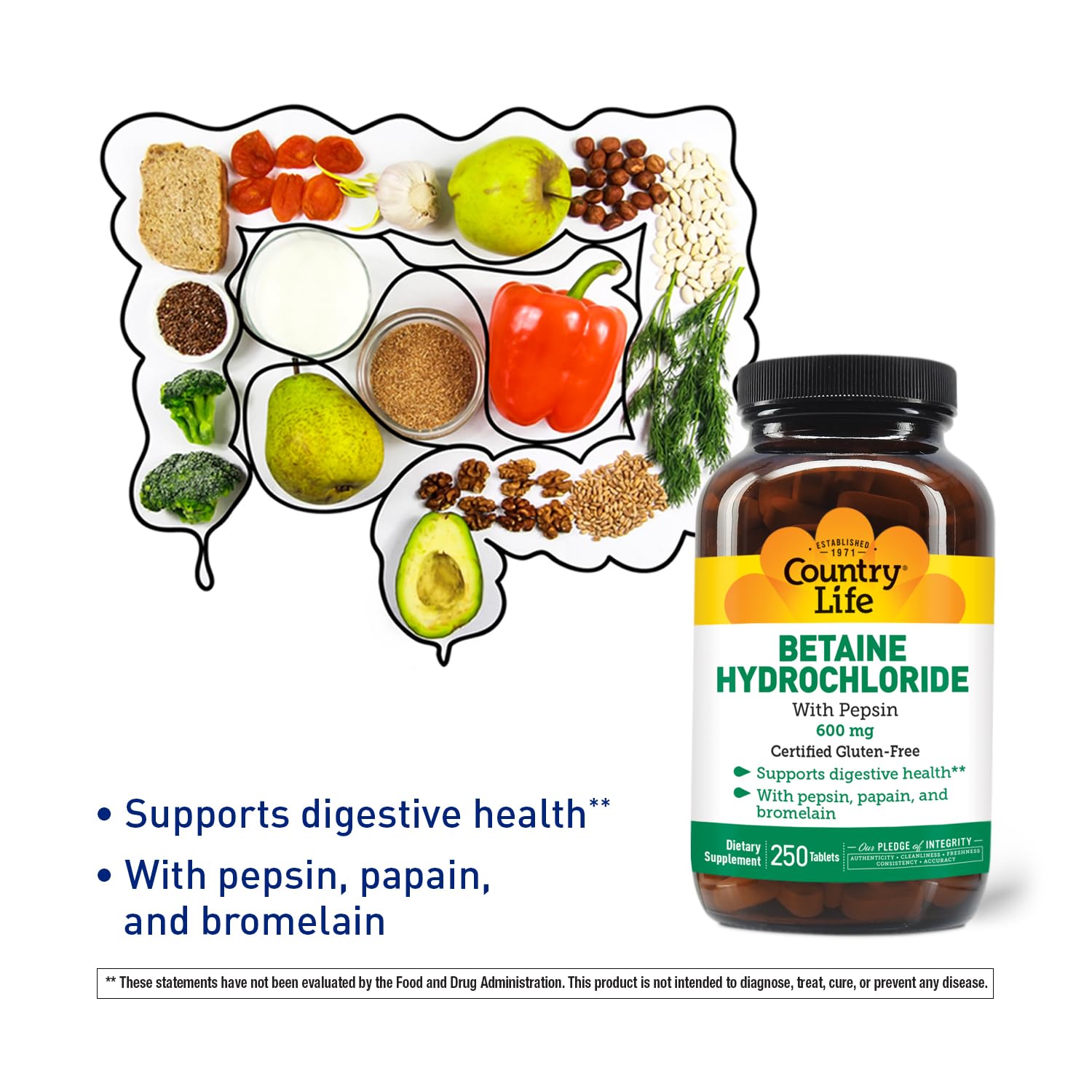 Foto 4 pulgar | Suplemento De Clorhidrato De Betaína Country Life Con Pepsina 600 Mg - Venta Internacional.