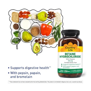 Foto 3 | Suplemento De Clorhidrato De Betaína Country Life Con Pepsina 600 Mg - Venta Internacional.