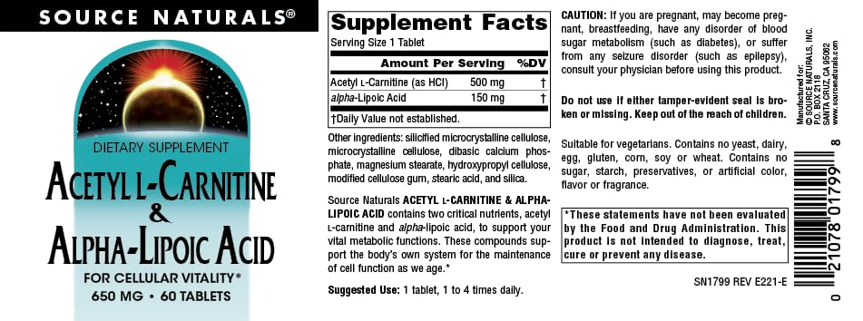 Foto 4 | Acetil L-carnitina Y Ácido Alfa-lipoico De Supplement Source Naturals 650 Mg, 60 Comprimidos - Venta Internacional.