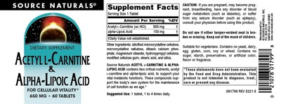 Foto 4 | Acetil L-carnitina Y Ácido Alfa-lipoico De Supplement Source Naturals 650 Mg, 60 Comprimidos - Venta Internacional.