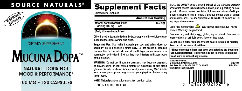 Foto 5 pulgar | Supplement Source Naturals Mucuna Dopa 100 Mg 120 Cápsulas - Venta Internacional.