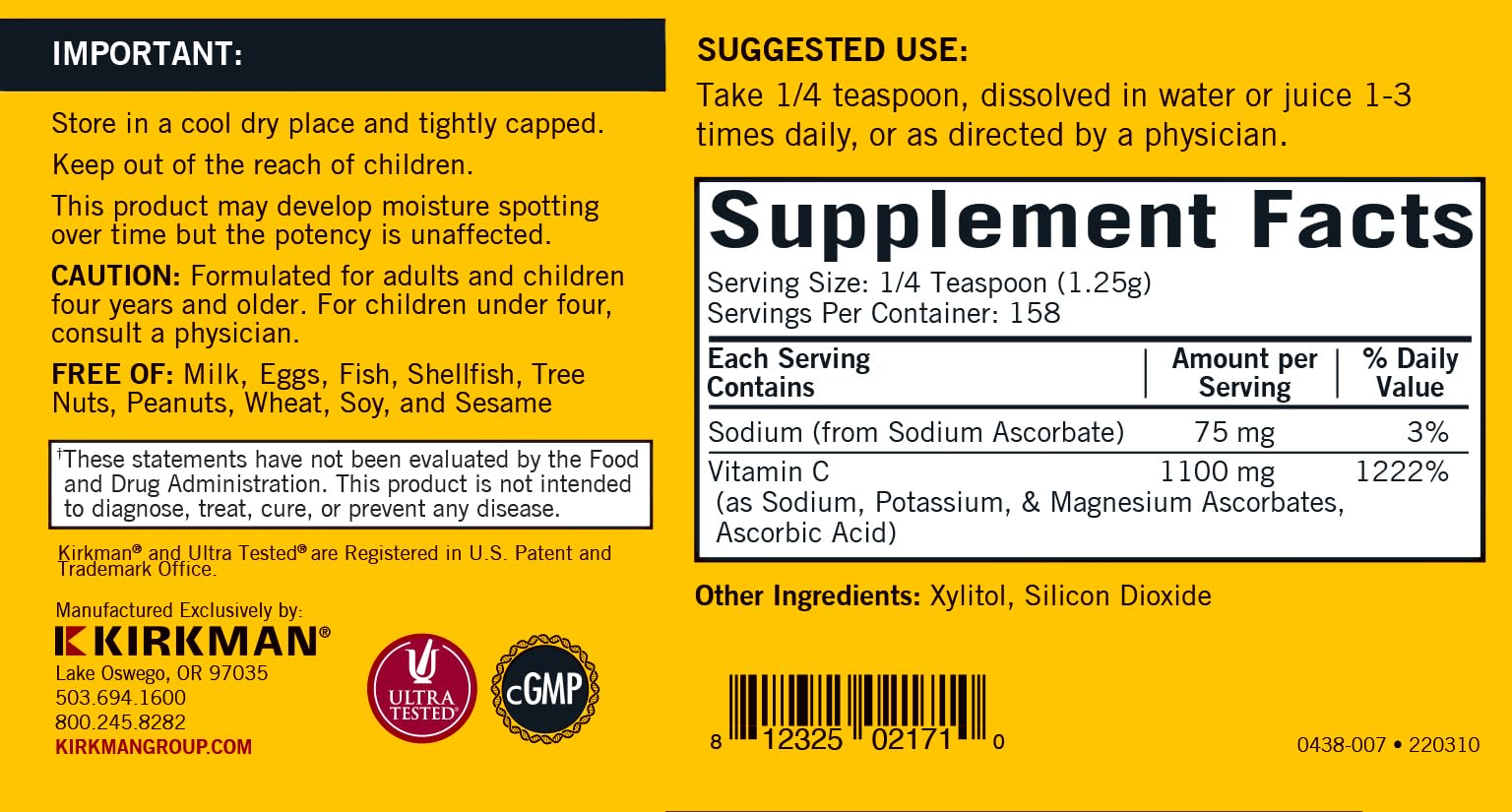 Foto 5 pulgar | Suplemento Vitamina C en Polvo Kirkman Buffered 200 Ml 1100 Mg Potente Antioxidante - Venta Internacional
