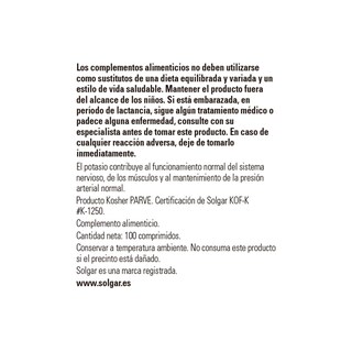 Foto 2 | Suplemento Solgar Potassium 100 Tabletas Para La Salud De Los Nervios Y Los Músculos - Venta Internacional.