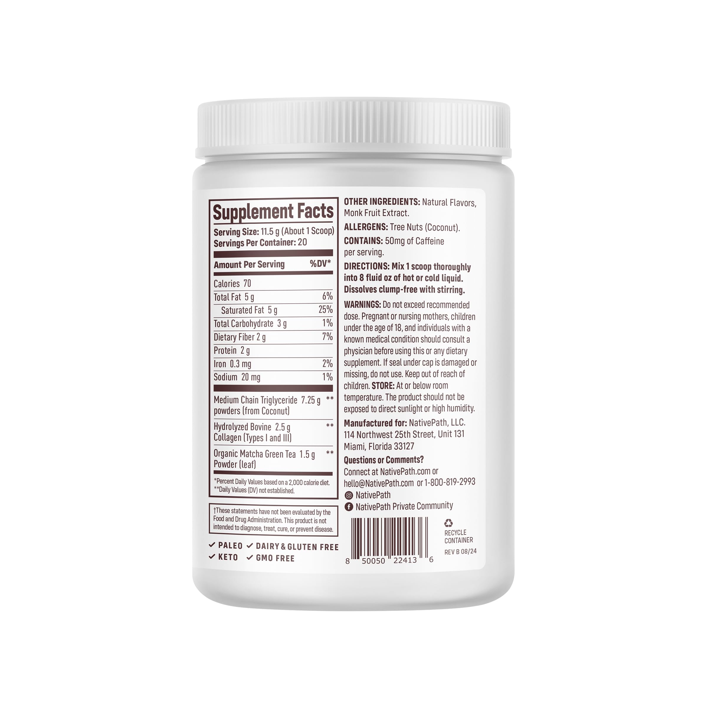 Foto 4 pulgar | Suplemento De Péptidos De Colágeno Nativepath Matcha Latte 230 G - Venta Internacional.