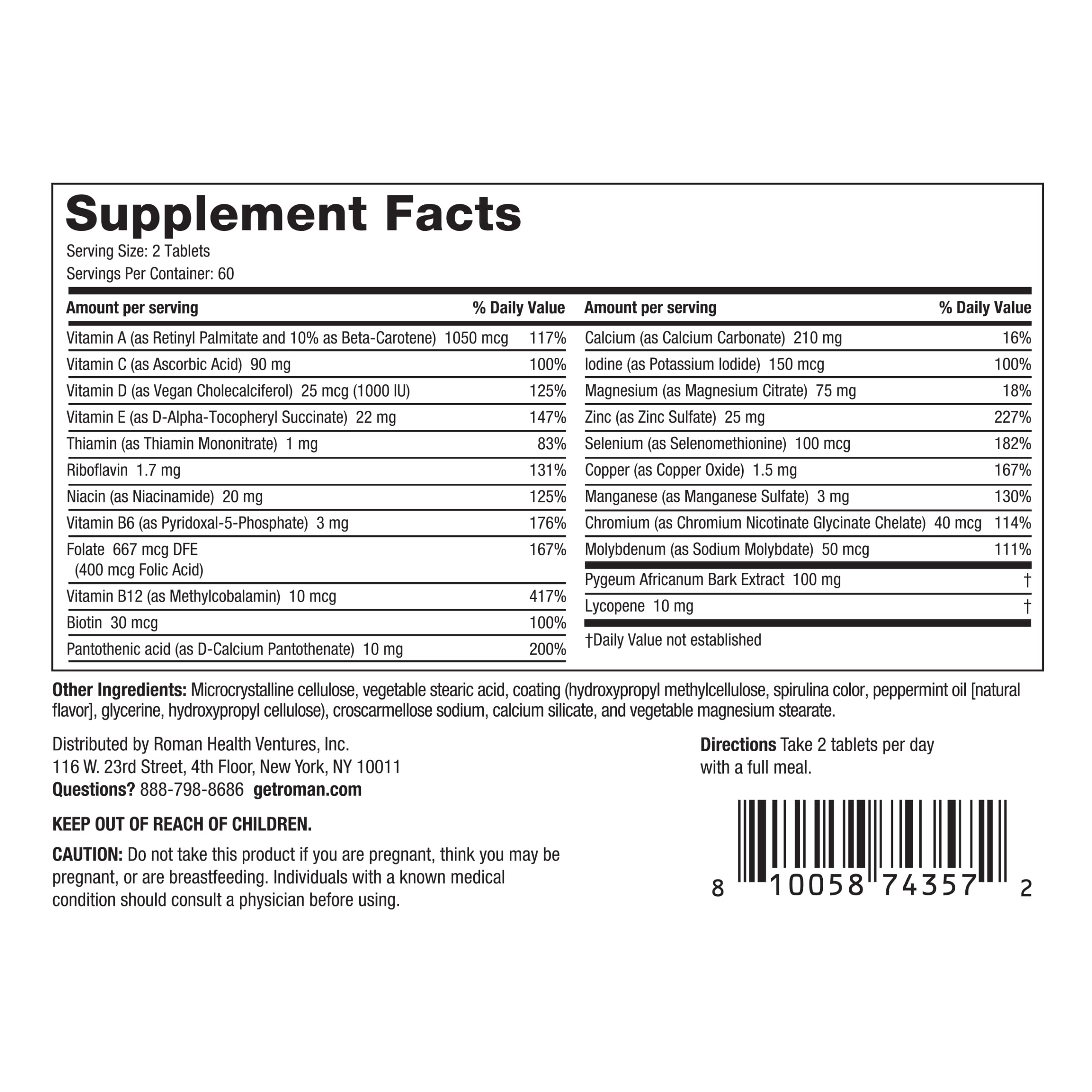 Foto 3 pulgar | Multivitamínico Roman Daily Para Hombres, Suministro De 60 Días (120 Tabletas) - Venta Internacional.