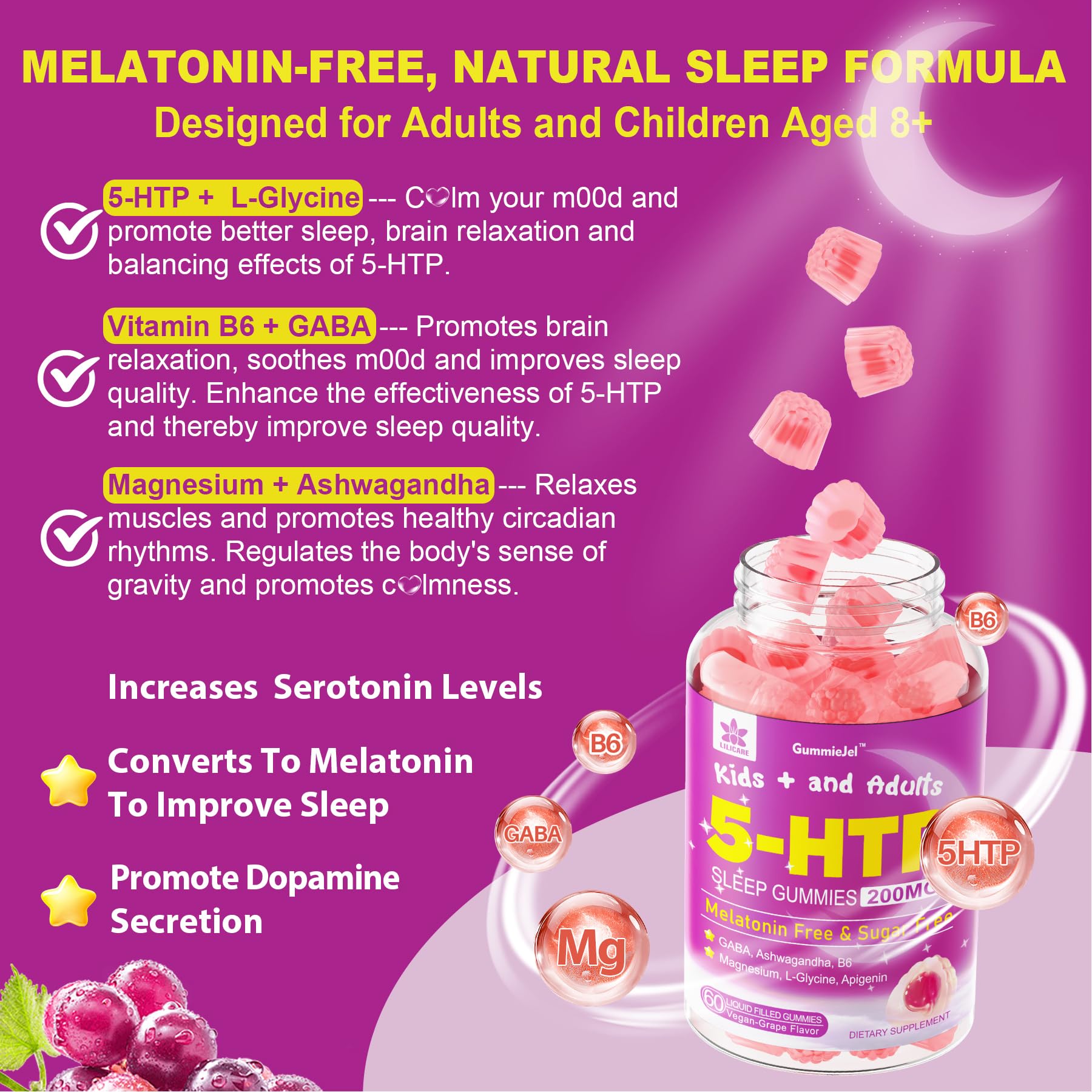 Foto 4 pulgar | Suplemento De Gomitas Lilicare 5htp 200 Mg Con Glicinato De Magnesio - Venta Internacional.