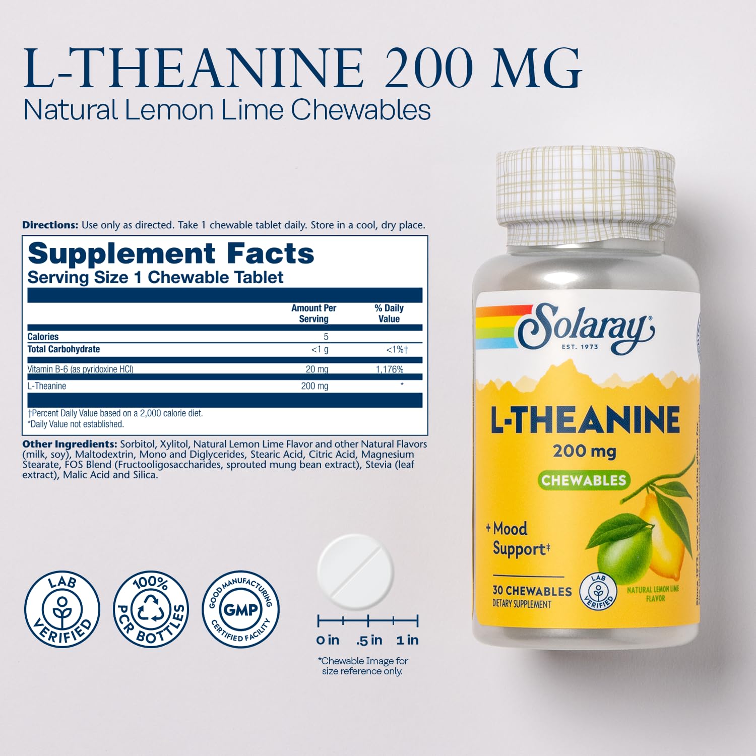 Foto 2 | Suplemento Solaray L De Teanina 200 Mg Con Vitamina B6 30 Comprimidos Masticables - Venta Internacional.