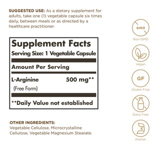 Foto 2 | Suplemento Solgar L-arginina 500 Mg 100 Cápsulas Vegetales - Venta Internacional.