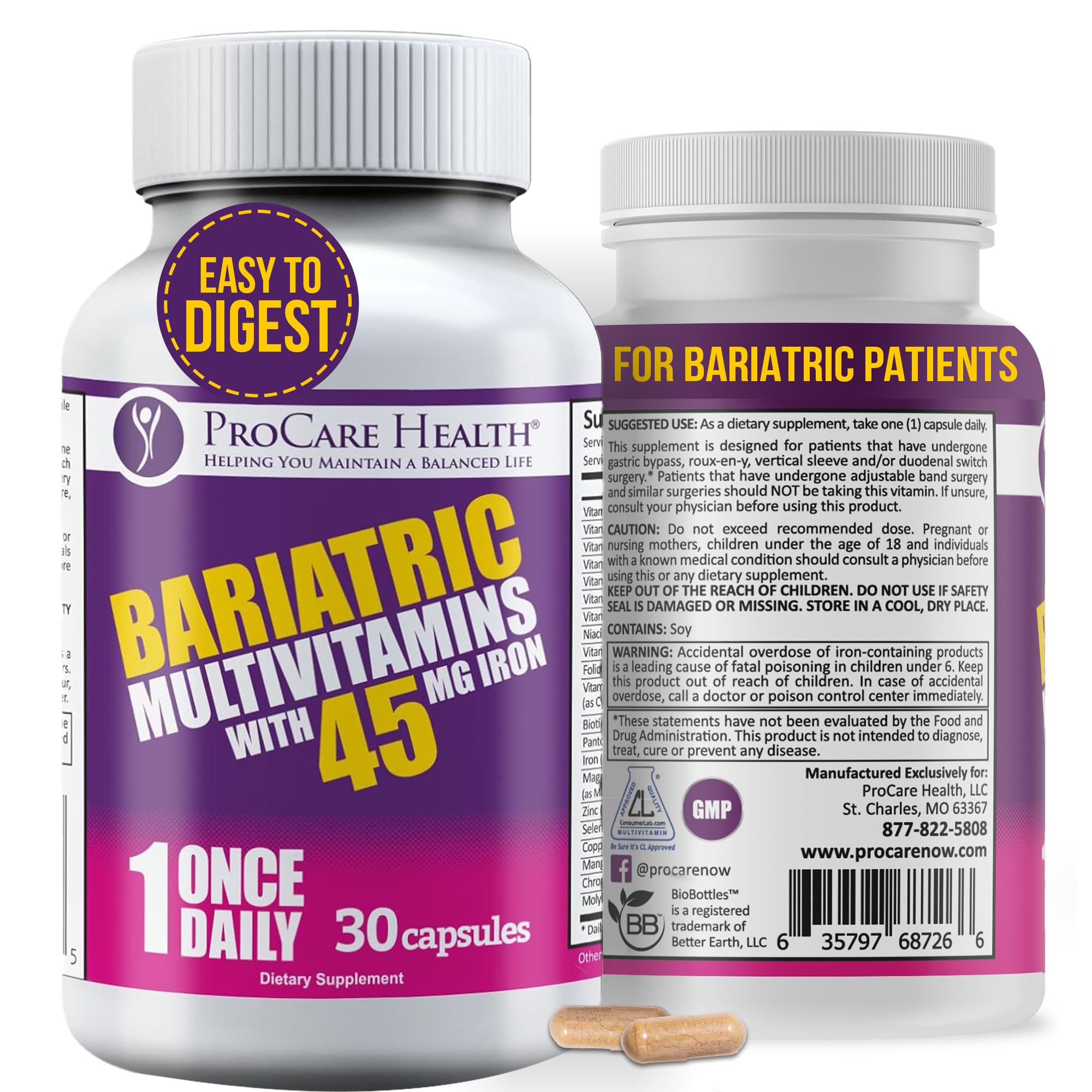 Foto 2 pulgar | Multivitamínico Bariátrico Procare Health Con Hierro 45 Mg 30 Cápsulas - Venta Internacional.