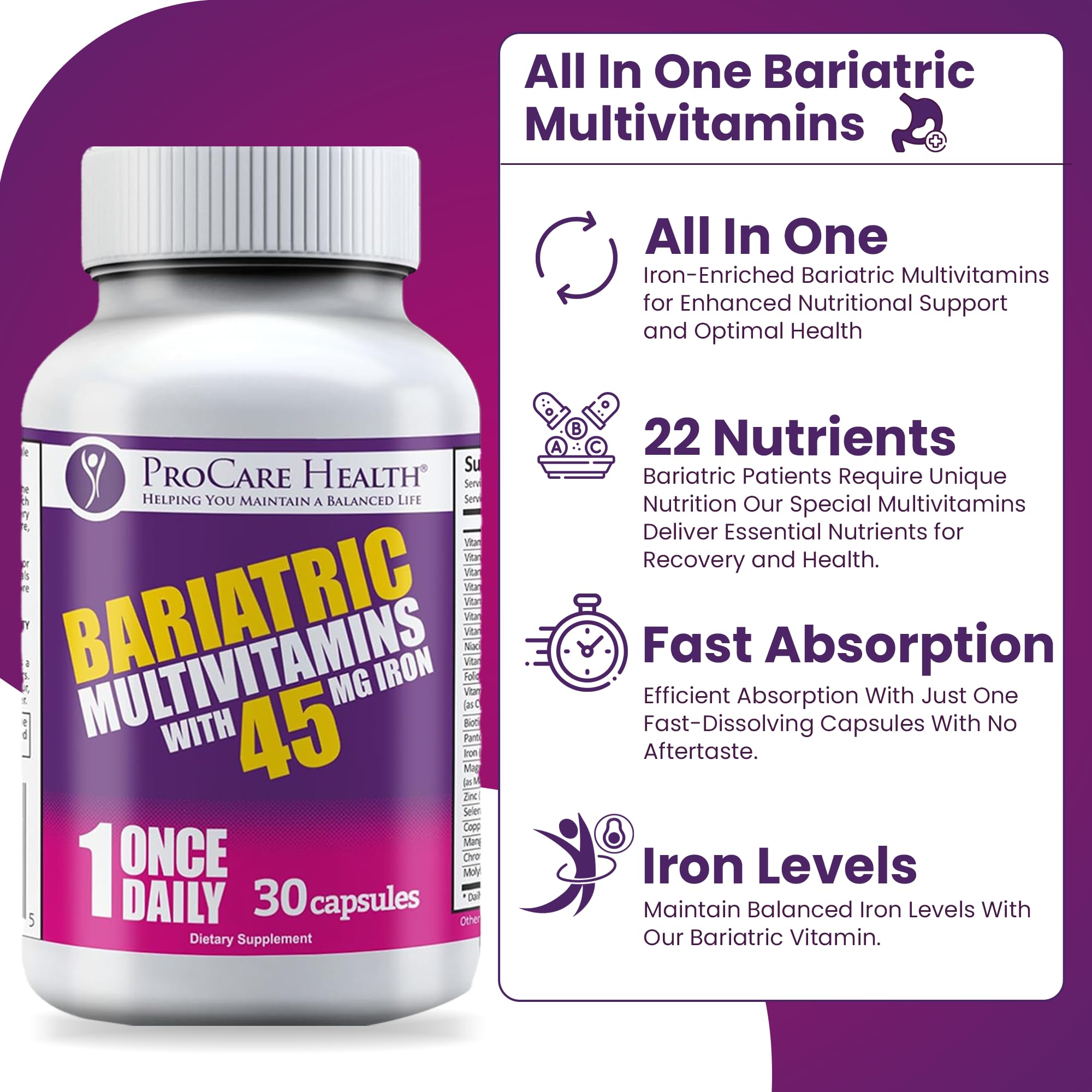 Foto 7 pulgar | Multivitamínico Bariátrico Procare Health Con Hierro 45 Mg 30 Cápsulas - Venta Internacional.