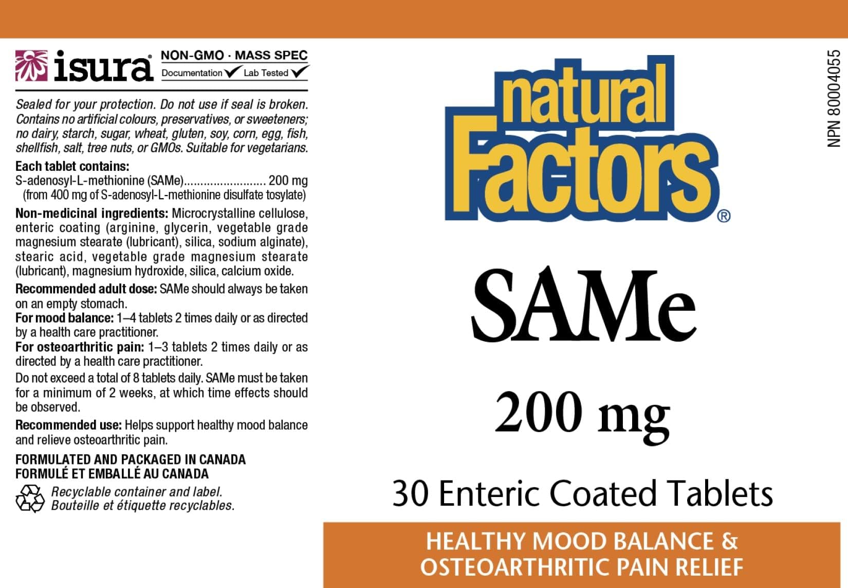 Foto 2 | Suplemento Natural Factors Same 200 Mg Joint & Mood 30 Comprimidos - Venta Internacional.