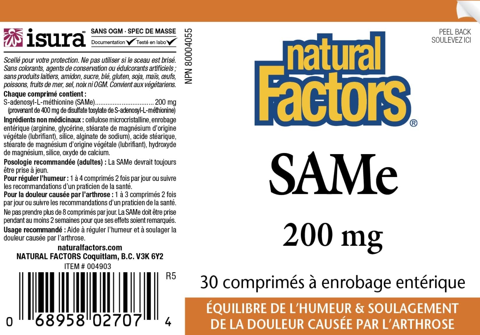 Foto 4 | Suplemento Natural Factors Same 200 Mg Joint & Mood 30 Comprimidos - Venta Internacional.