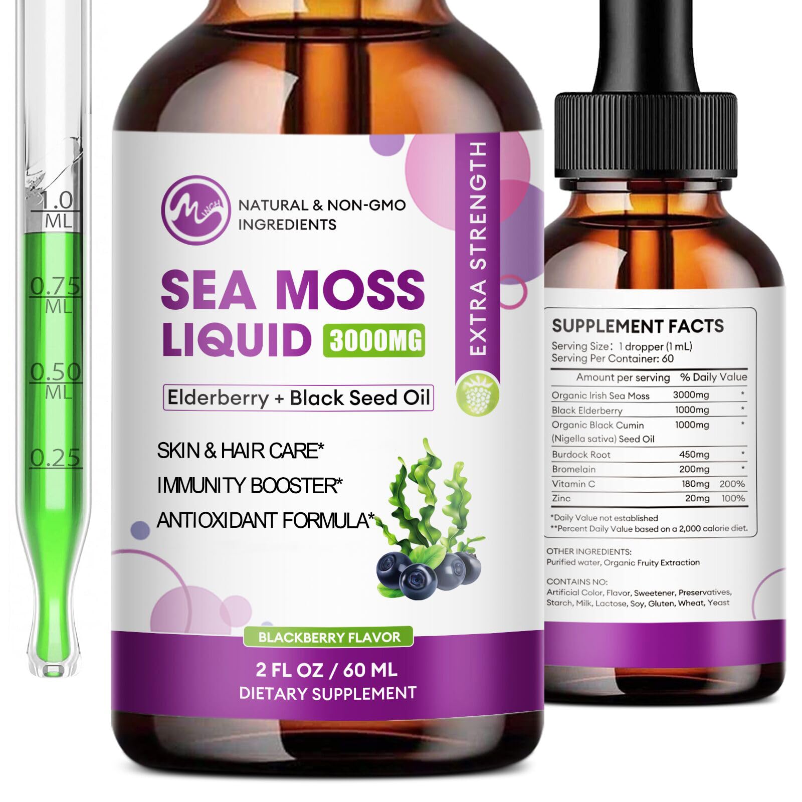 Foto 2 pulgar | Suplemento M Inch Irish Sea Moss 3000 Mg De Aceite De Semilla Negra 1000 Mg - Venta Internacional.