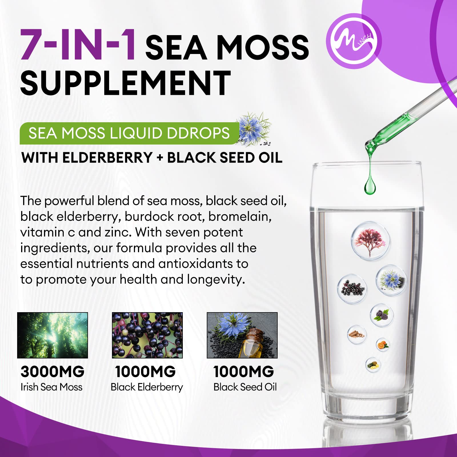 Foto 5 pulgar | Suplemento M Inch Irish Sea Moss 3000 Mg De Aceite De Semilla Negra 1000 Mg - Venta Internacional.