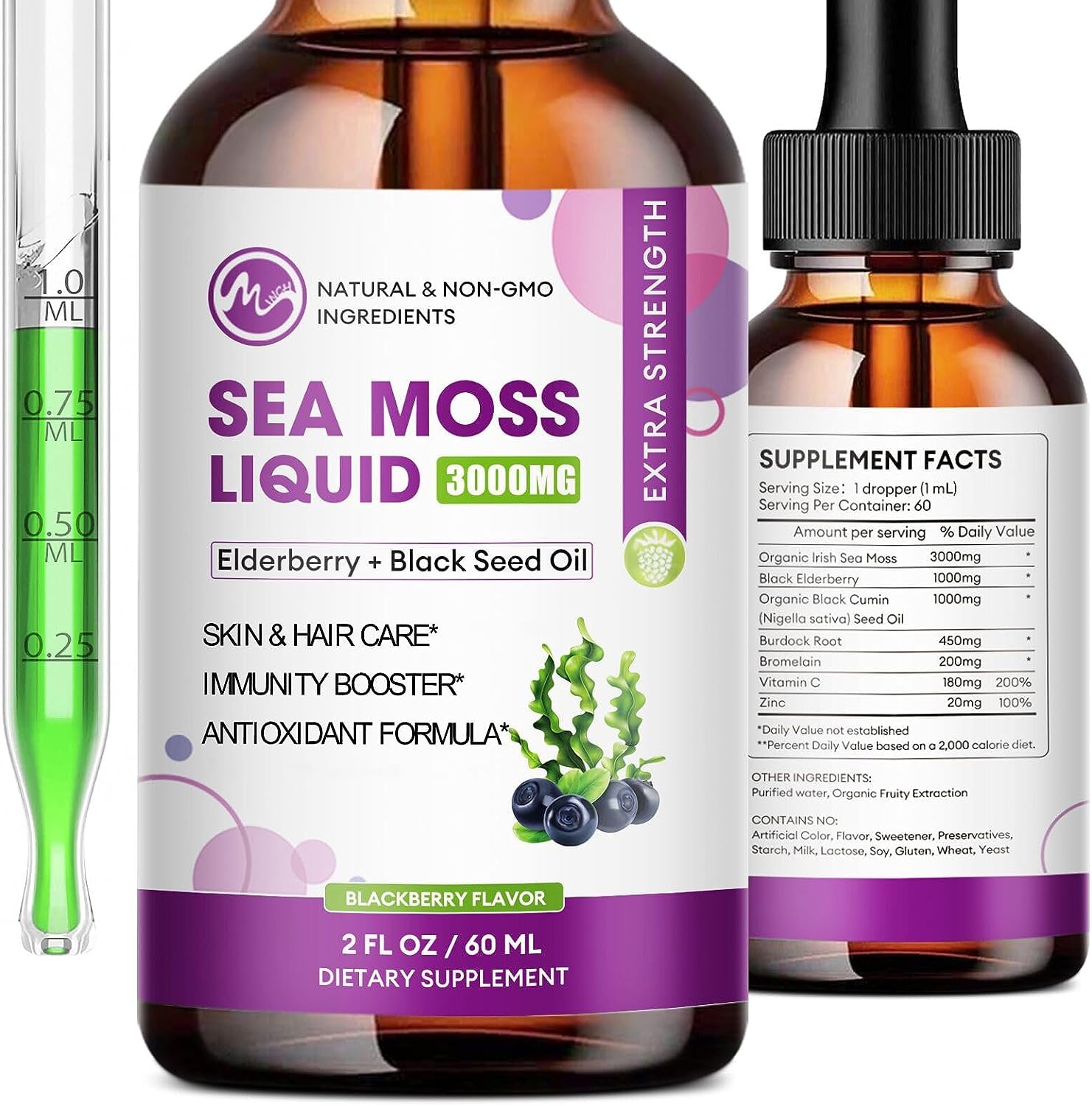 Foto 8 pulgar | Suplemento M Inch Irish Sea Moss 3000 Mg De Aceite De Semilla Negra 1000 Mg - Venta Internacional.