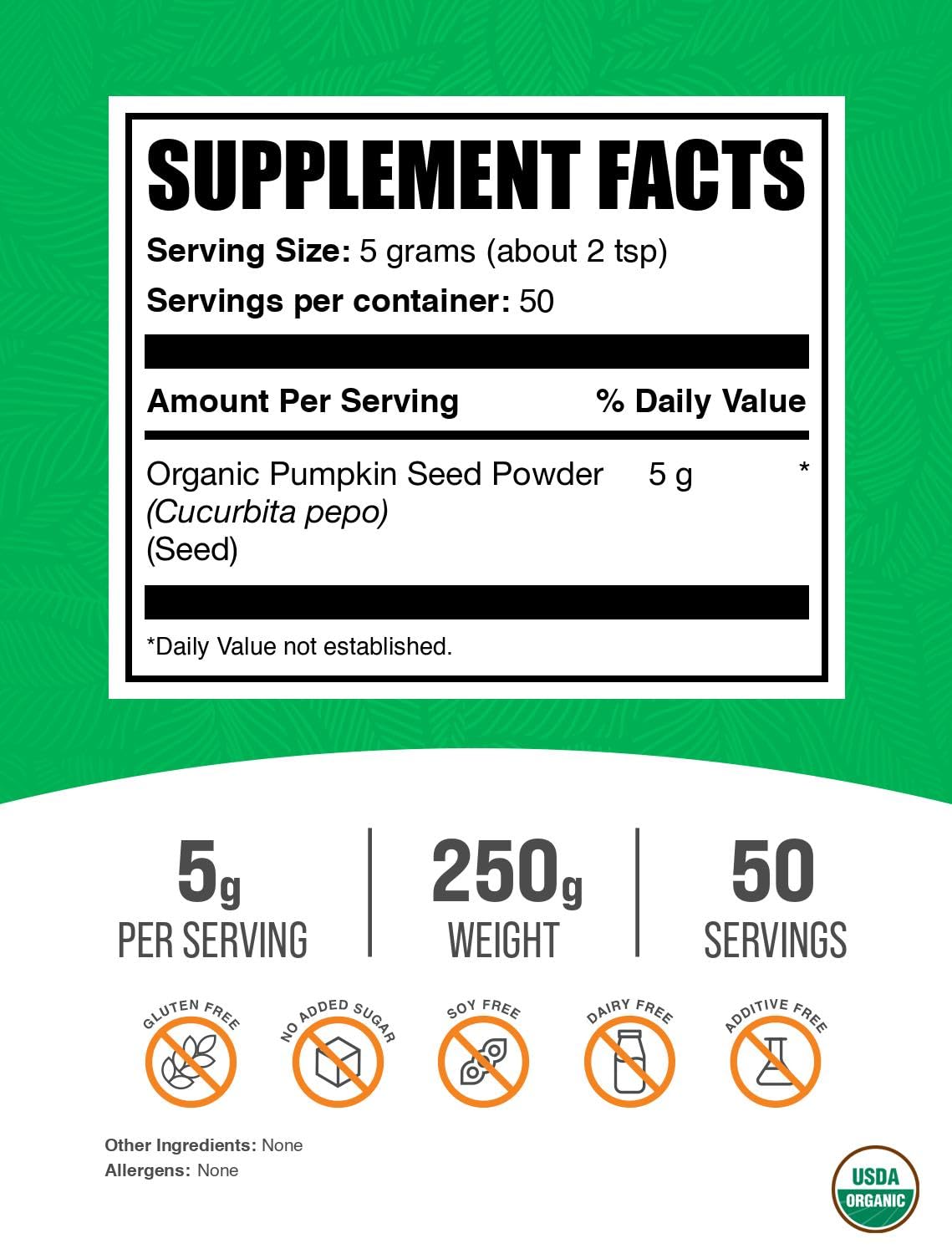 Foto 3 pulgar | Semillas De Calabaza En Polvo Bulksupplements.com Organic 250 G - Venta Internacional.