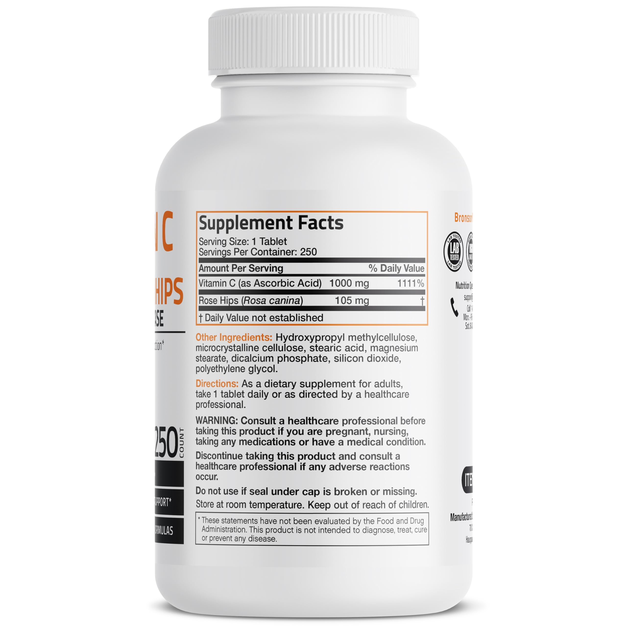 Foto 3 pulgar | Suplemento Bronson De Vitamina C De 1000 Mg Con Rosa Mosqueta, 250 Tabletas - Venta Internacional.