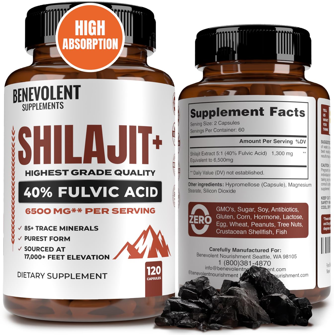 Foto 2 pulgar | Suplemento Benevolent Nourishment Shilajit 6500 Mg 120 Cápsulas - Venta Internacional.