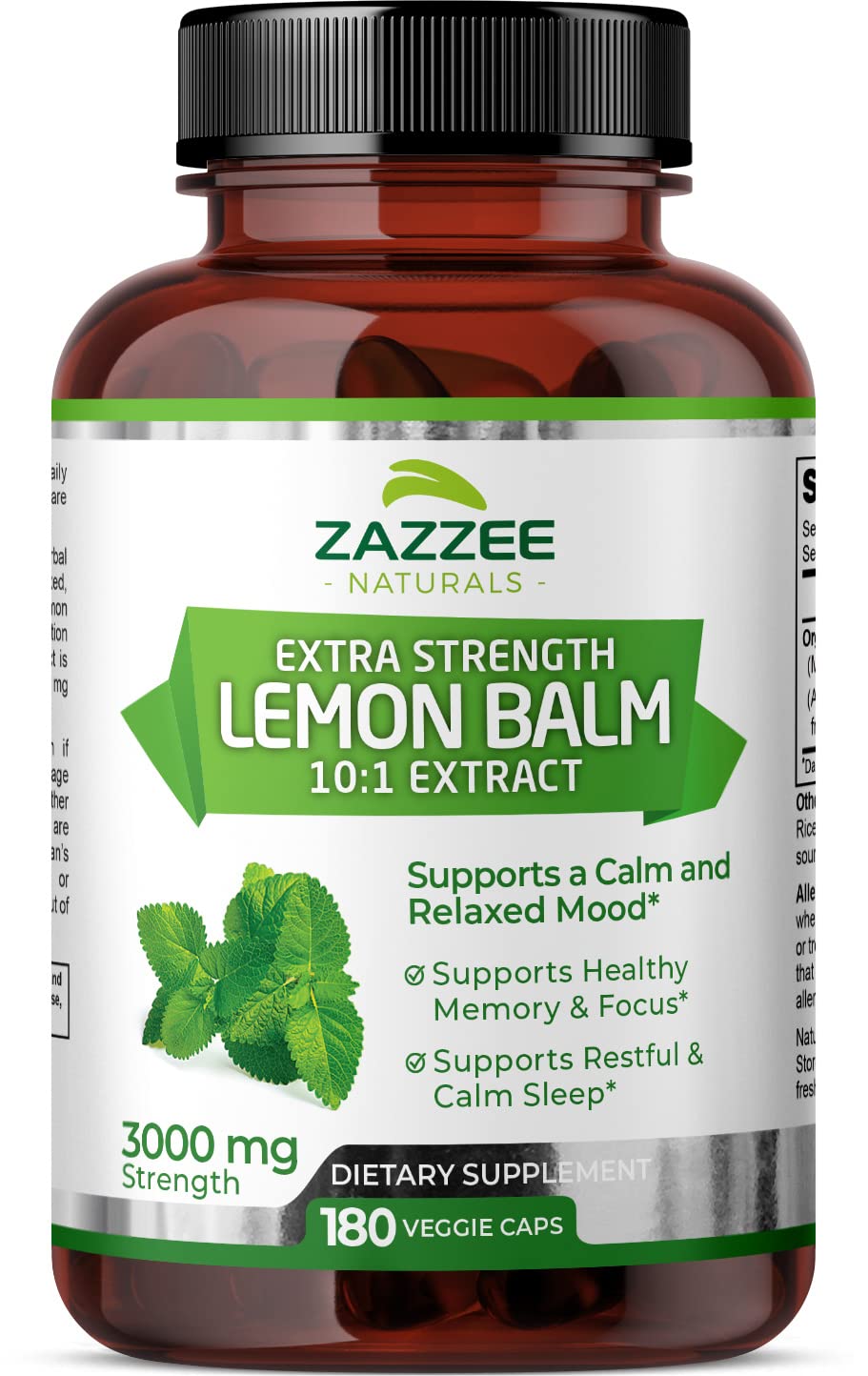 Suplemento De Extracto De Bálsamo De Limón Orgánico De Zazzee, 3000 Mg, 180 Cápsulas - Venta Internacional.