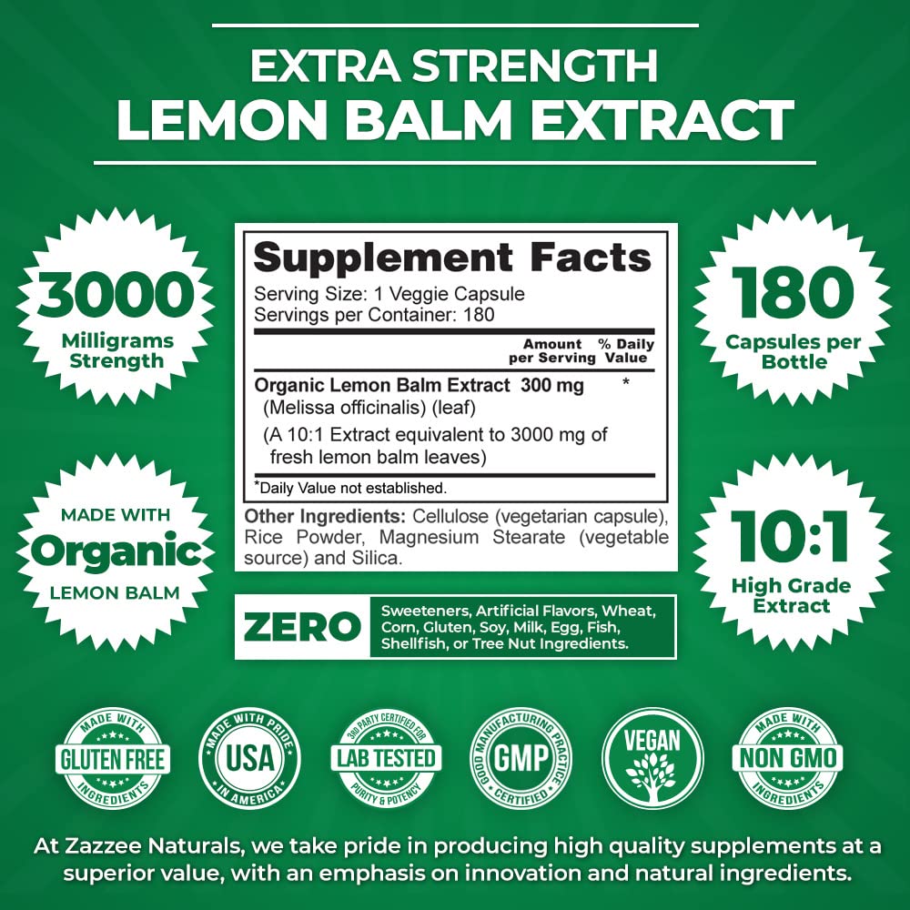 Foto 4 pulgar | Suplemento De Extracto De Bálsamo De Limón Orgánico De Zazzee, 3000 Mg, 180 Cápsulas - Venta Internacional.