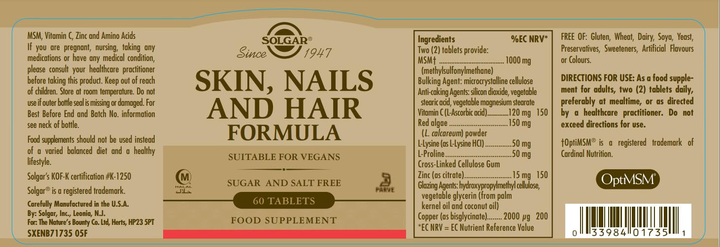 Foto 2 | Suplemento Solgar Skin, Nails & Hair Advanced Msm 60 Comprimidos - Venta Internacional.