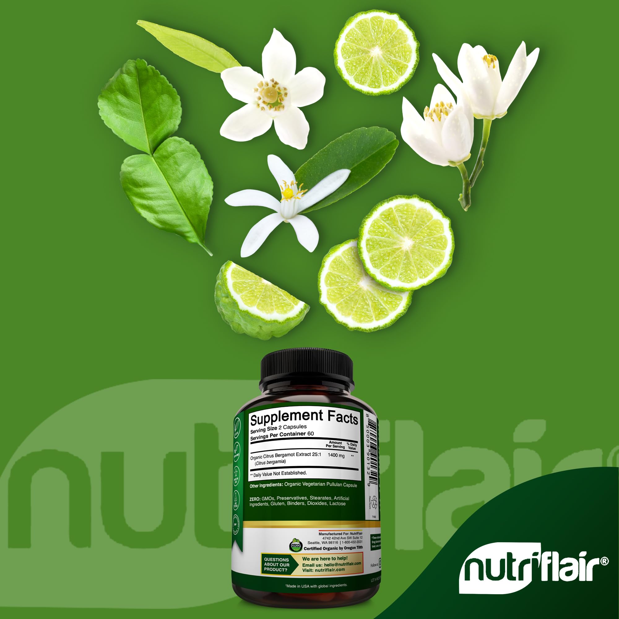 Foto 4 pulgar | Suplementos Nutriflair, Cítricos, Bergamota Orgánica, 1400 Mg, 120 Cápsulas - Venta Internacional.