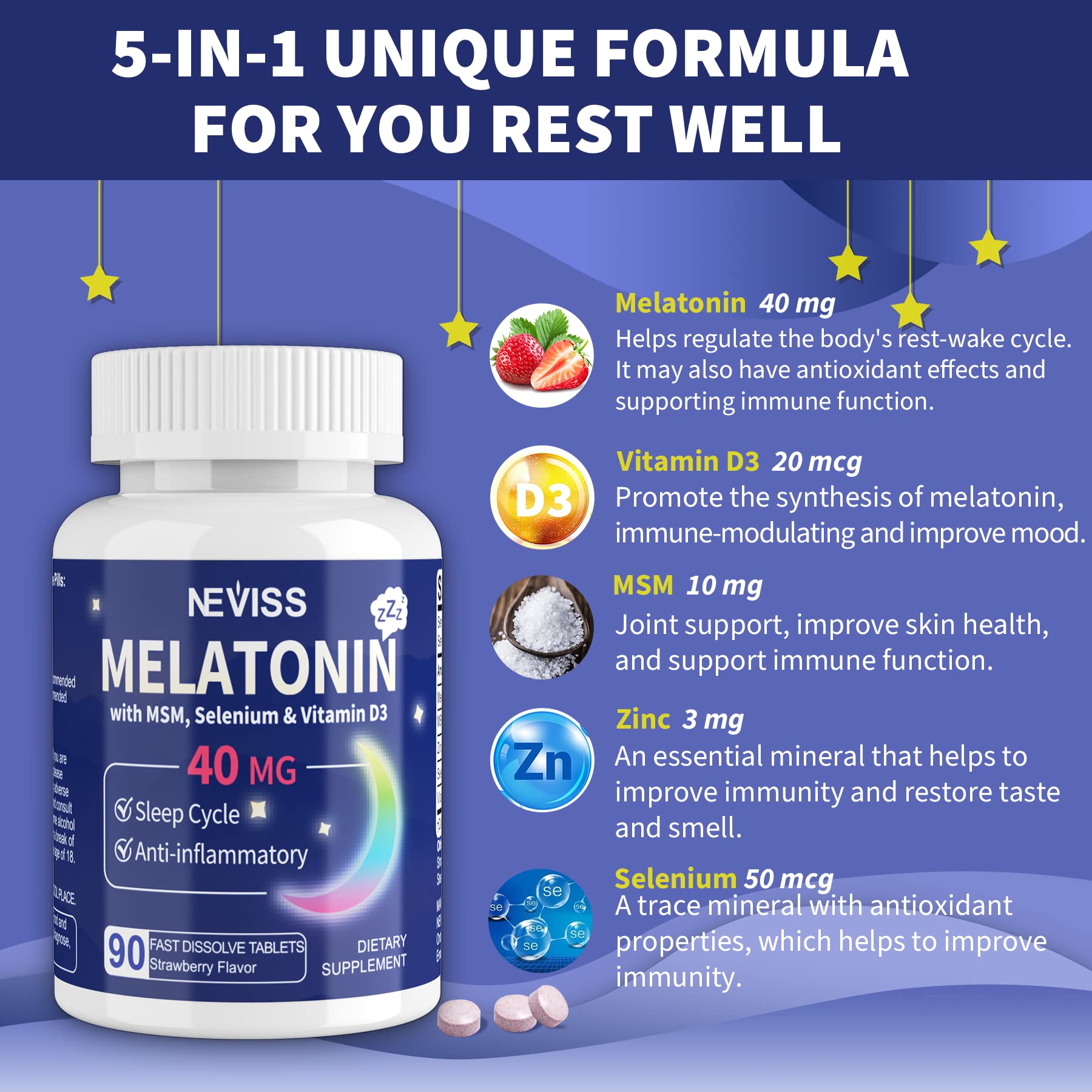 Foto 5 pulgar | Suplemento De Melatonina Neviss 40 Mg Con Vitamina D3 Y Msm 180 Serv - Venta Internacional.
