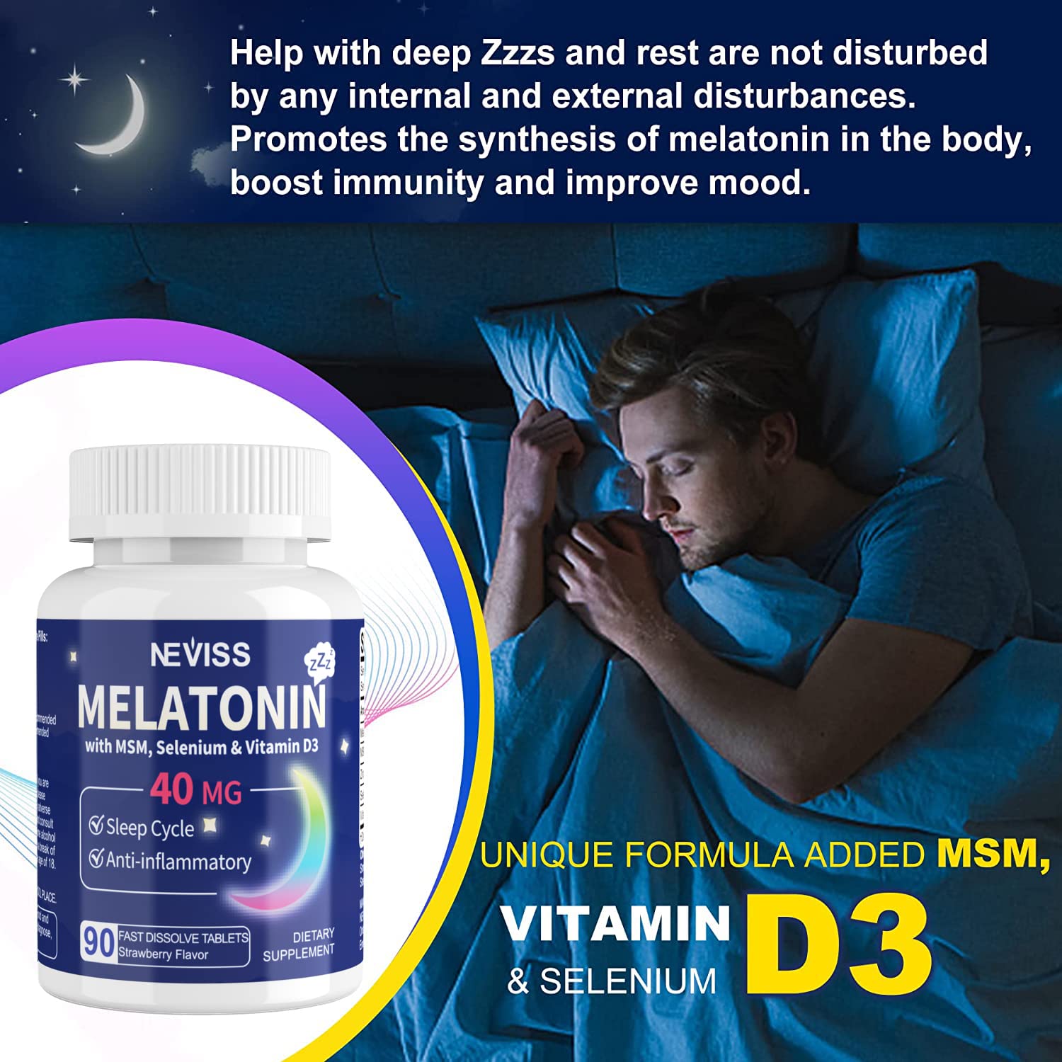 Foto 6 pulgar | Suplemento De Melatonina Neviss 40 Mg Con Vitamina D3 Y Msm 180 Serv - Venta Internacional.