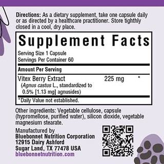 Foto 2 | Suplemento De Extracto De Bayas Vitex De Bluebonnet Nutrition 60 Cápsulas - Venta Internacional.