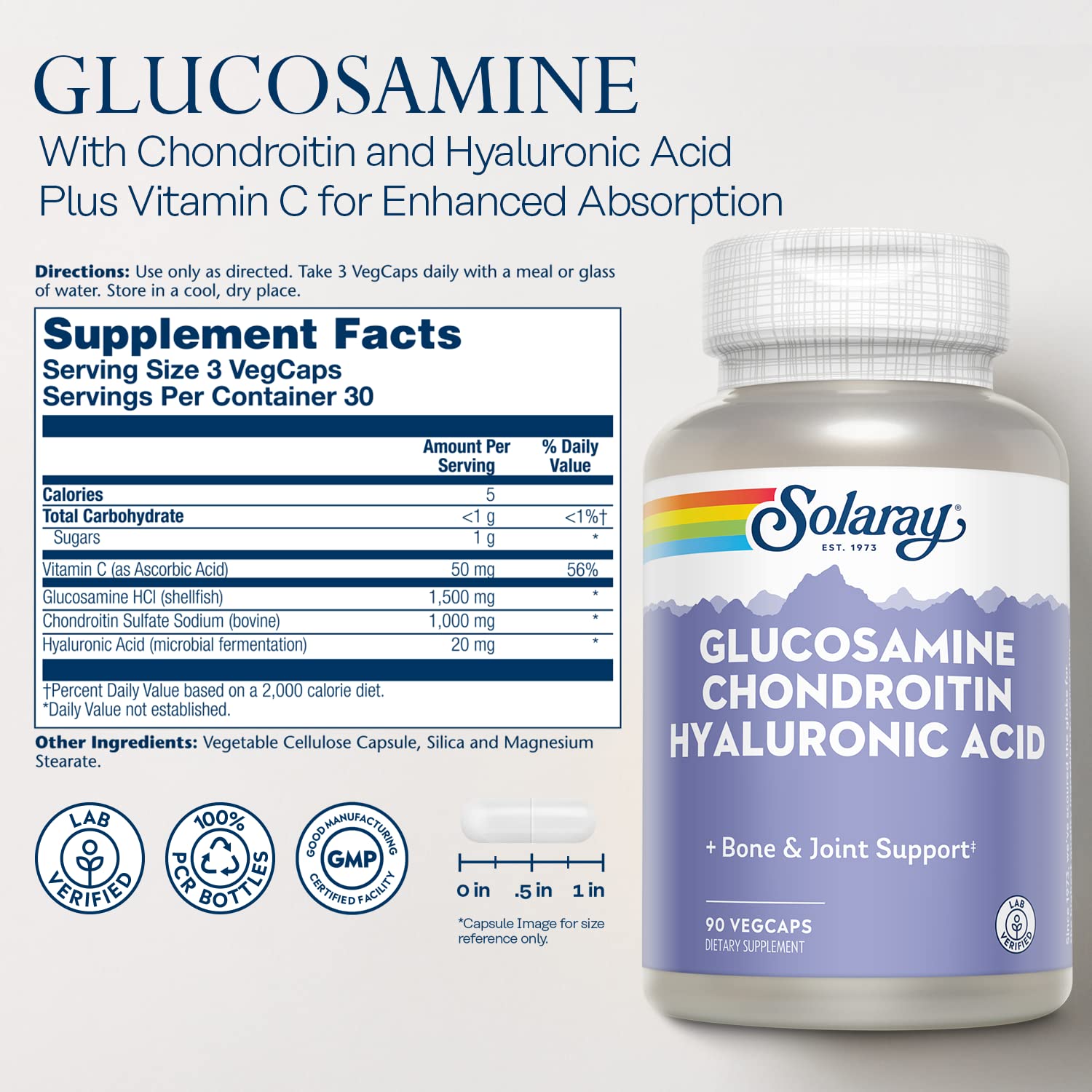 Foto 3 pulgar | Suplemento Solaray: Glucosamina, Condroitina Y Ácido Hialurónico, 90 Cápsulas - Venta Internacional.
