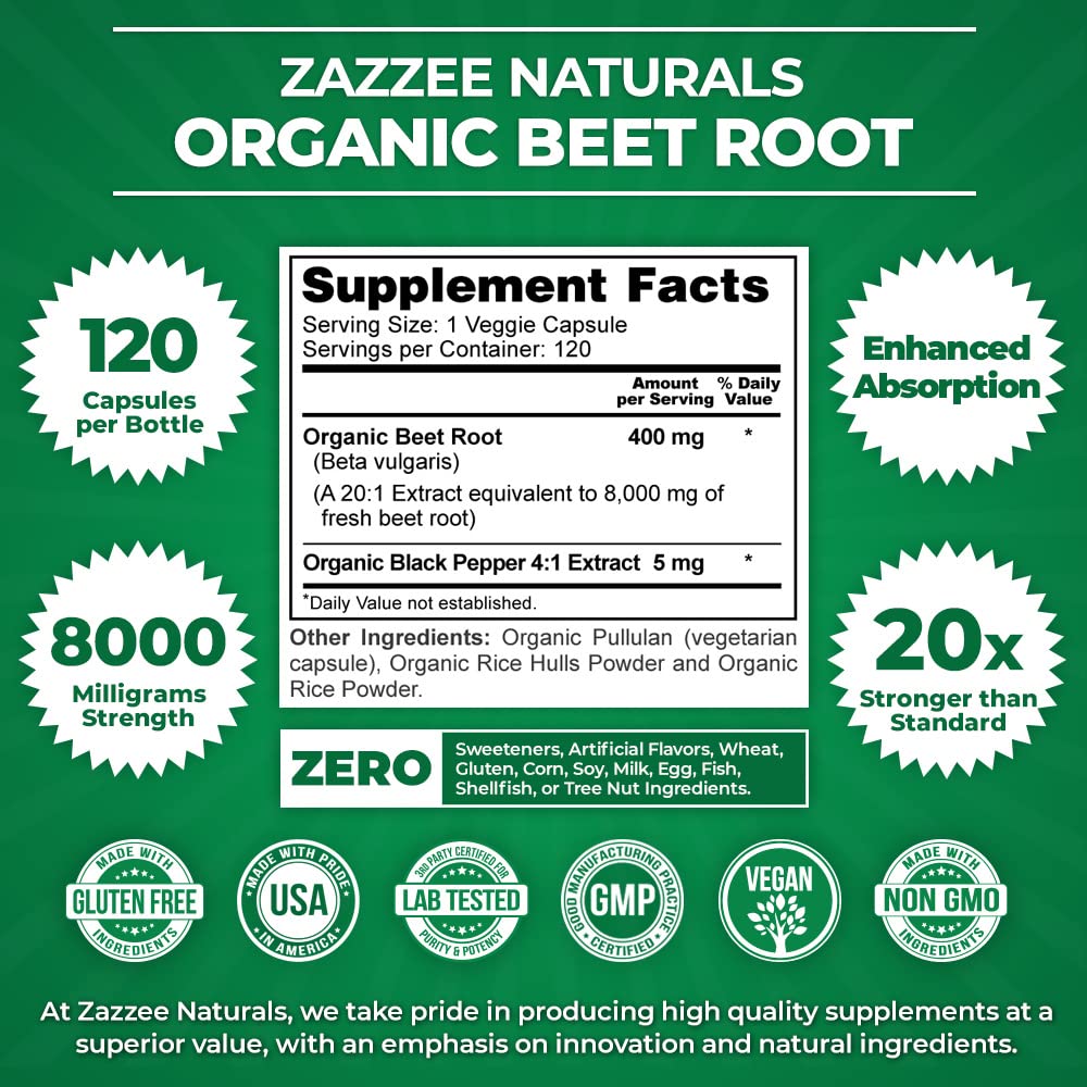 Foto 5 pulgar | Suplemento Zazzee Usda De Raíz De Remolacha Orgánica 8000 Mg 120 Cápsulas - Venta Internacional.