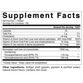 Foto 2 | Suplemento Vitamático De Aceite De Hígado De Bacalao Noruego 1250 Mg 240 Cápsulas Blandas - Venta Internacional.
