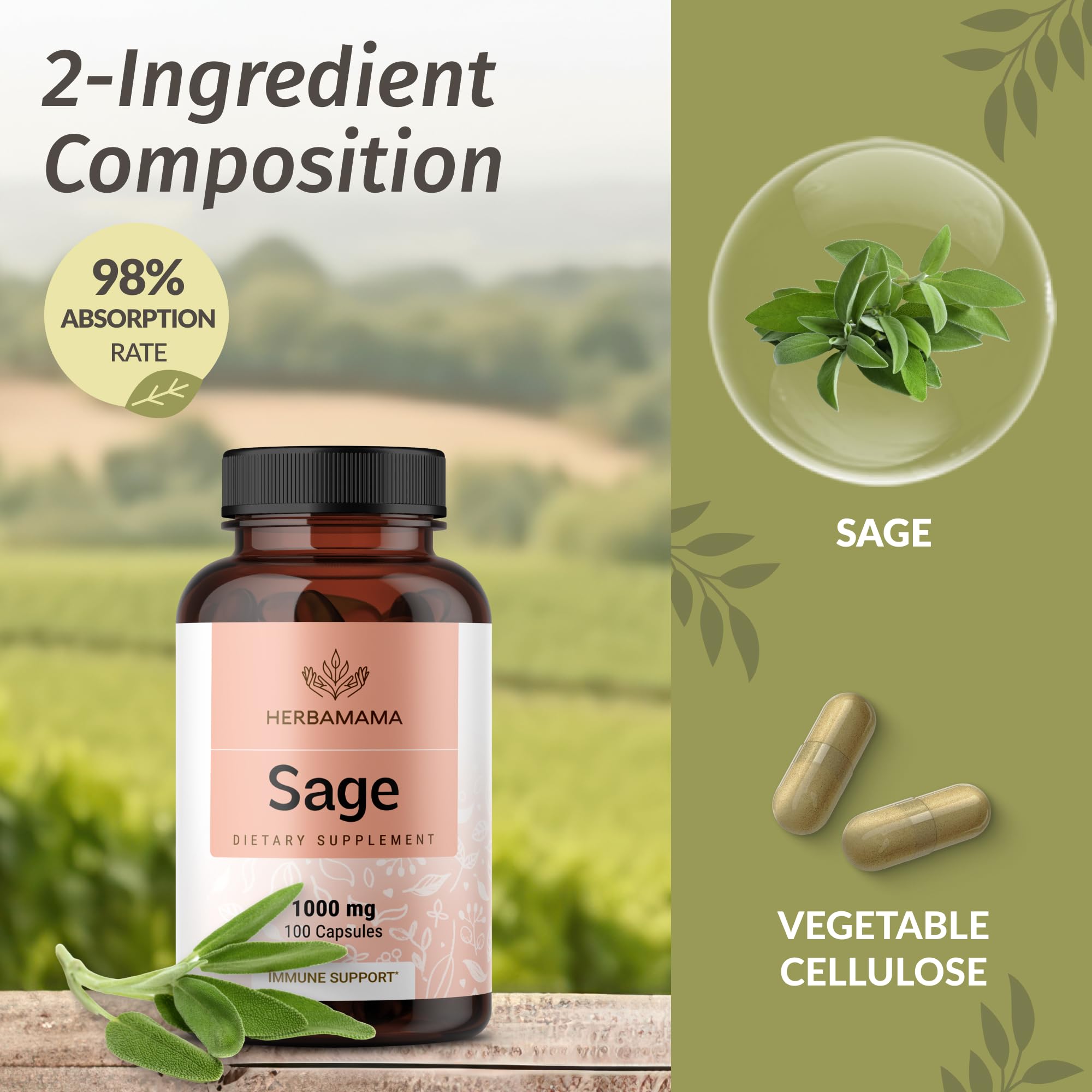 Foto 5 pulgar | Suplemento Herbamama Sage Leaf 1000 Mg 100 Cápsulas Vegano Sin Ogm - Venta Internacional.