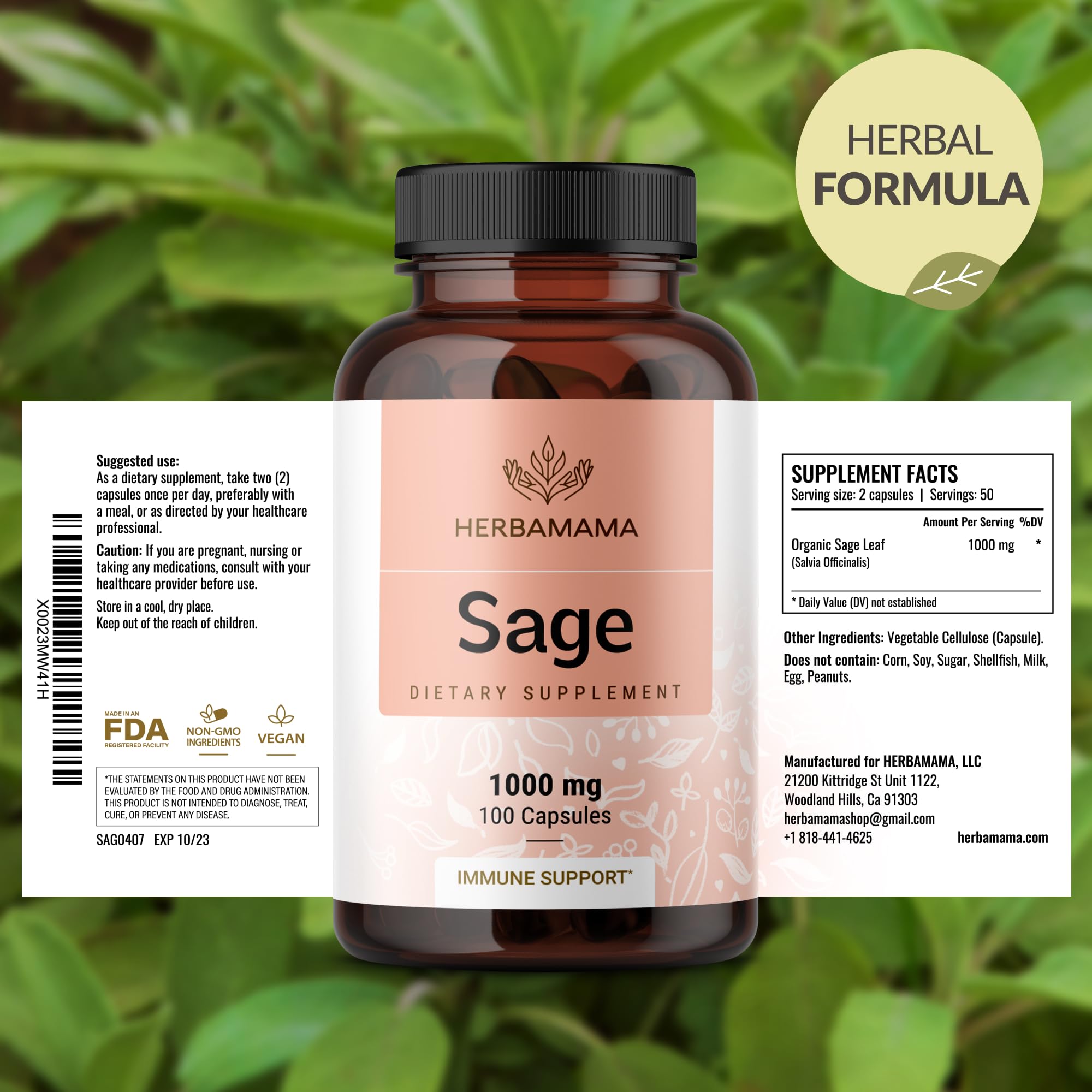 Foto 8 pulgar | Suplemento Herbamama Sage Leaf 1000 Mg 100 Cápsulas Vegano Sin Ogm - Venta Internacional.
