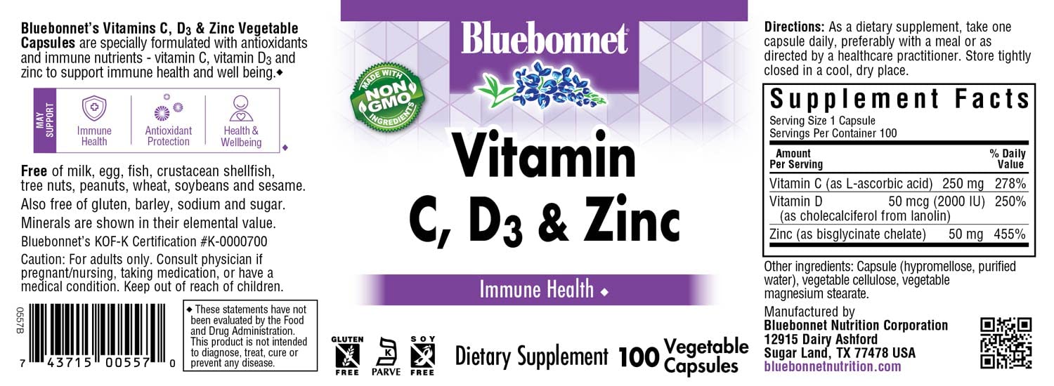 Foto 3 pulgar | Suplemento Bluebonnet Nutrition Con Vitamina C, D3 Y Zinc 100 Cápsulas - Venta Internacional.