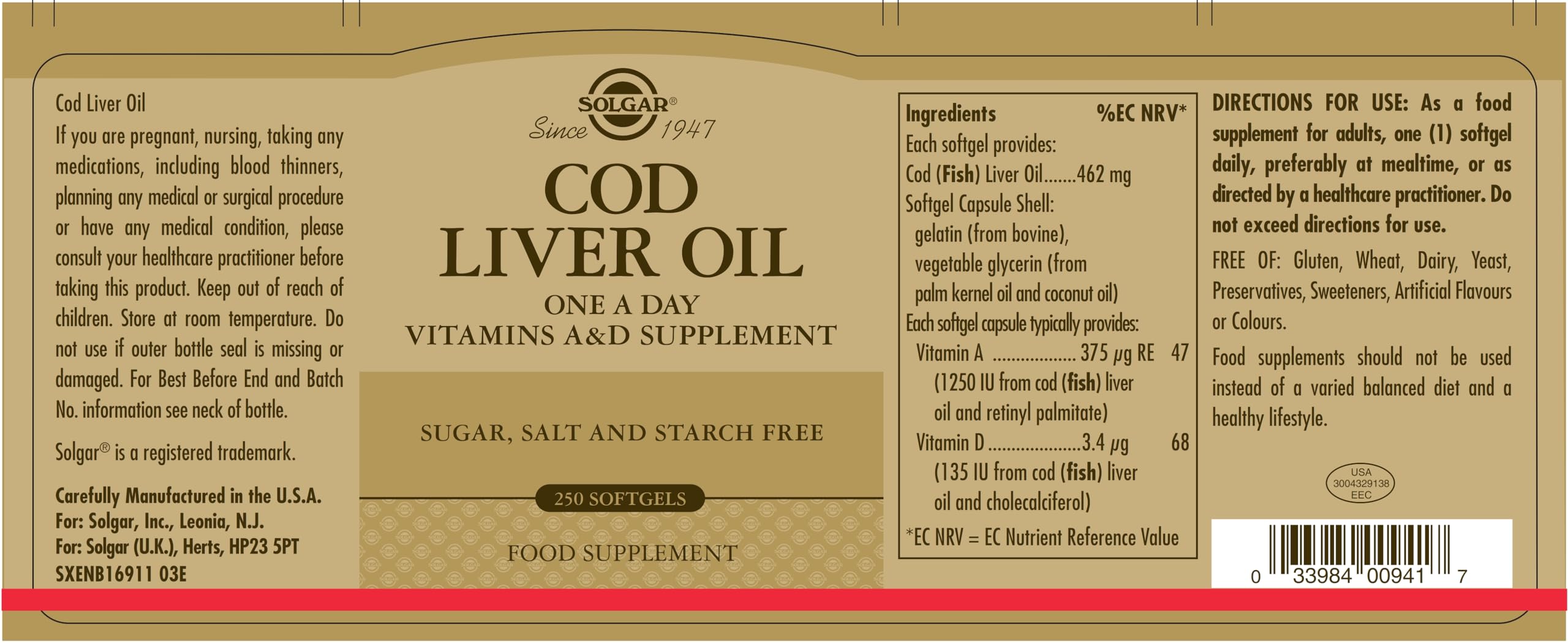 Foto 3 pulgar | Suplemento De Aceite De Hígado De Bacalao Solgar, 250 Cápsulas Blandas, Vitamina A Y D. - Venta Internacional.