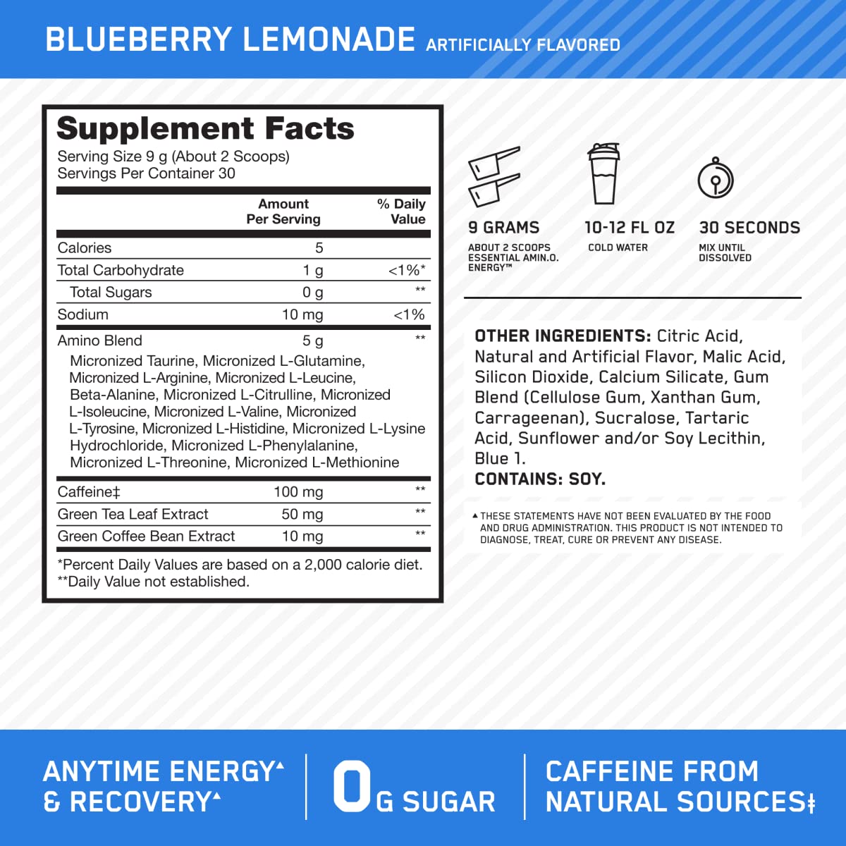 Foto 4 pulgar | Suplemento Optimum Nutrition Amino Energy Blueberry Lemonade - Venta Internacional.