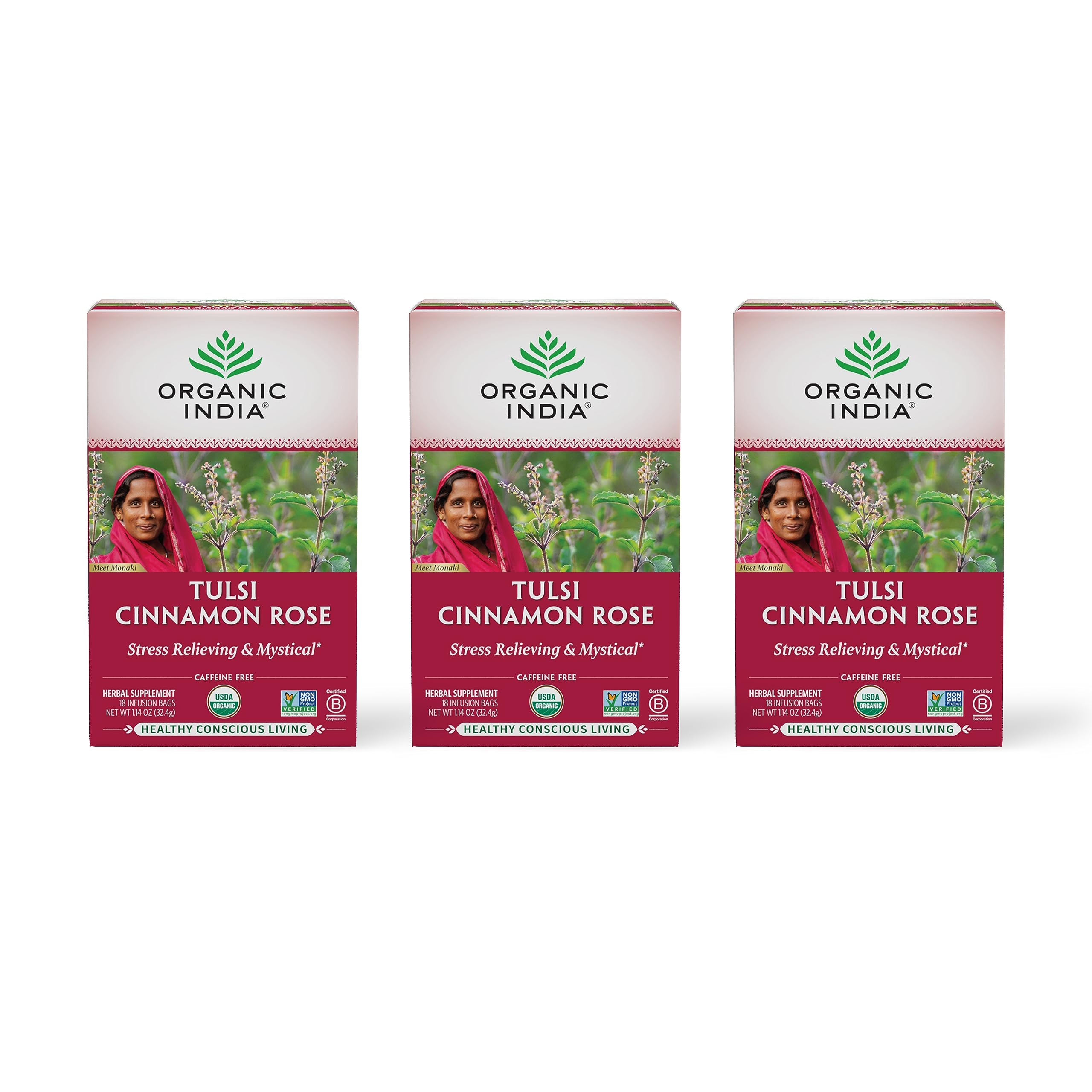 Bolsitas De Té Tea Organic India Tulsi Con Canela Y Rosa, 18 Bolsas X 3 Paquetes - Venta Internacional.