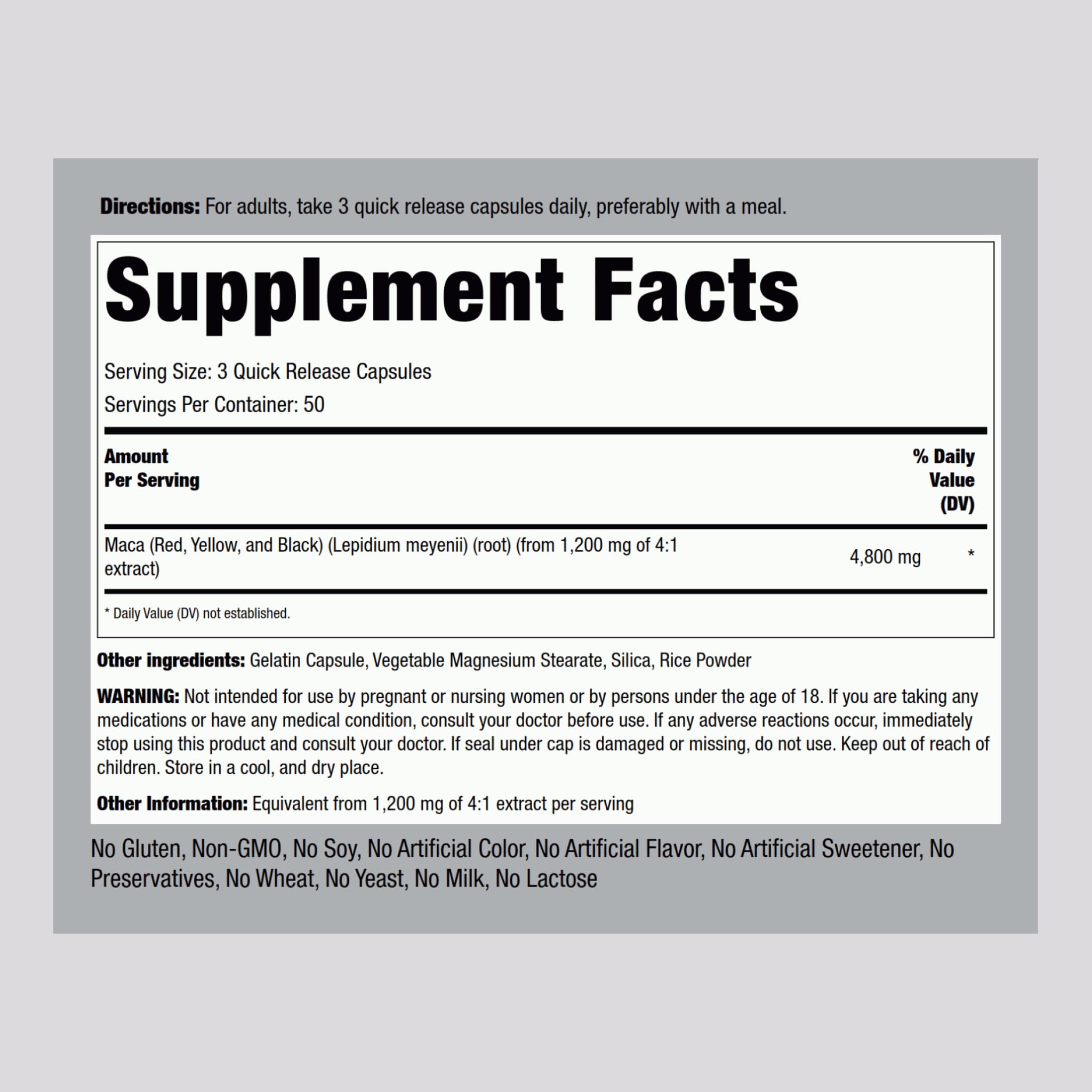 Foto 2 | Suplemento Piping Rock, Cápsulas De Raíz De Maca, 4800 Mg, 150 Píldoras - Venta Internacional.