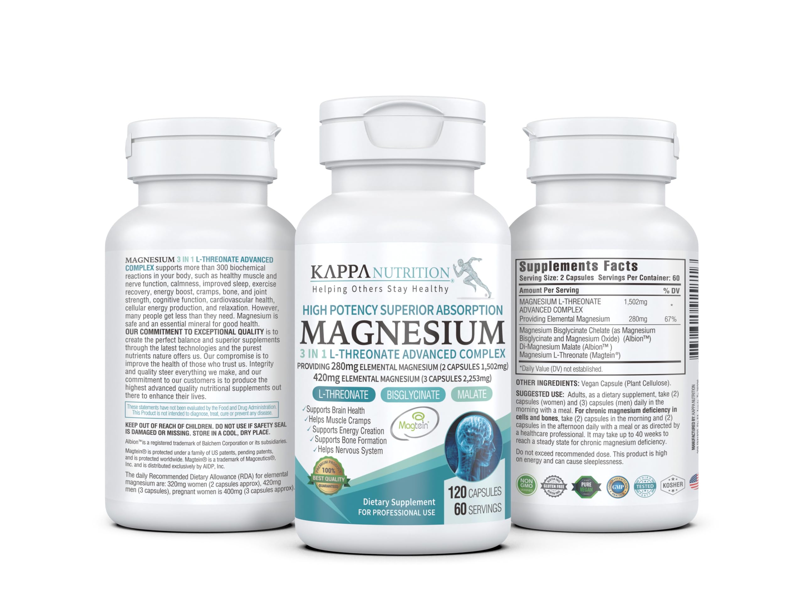 Foto 3 pulgar | Suplemento Kappa Nutrition L-treonato De Magnesio 3 En 1, 120 Cápsulas - Venta Internacional.