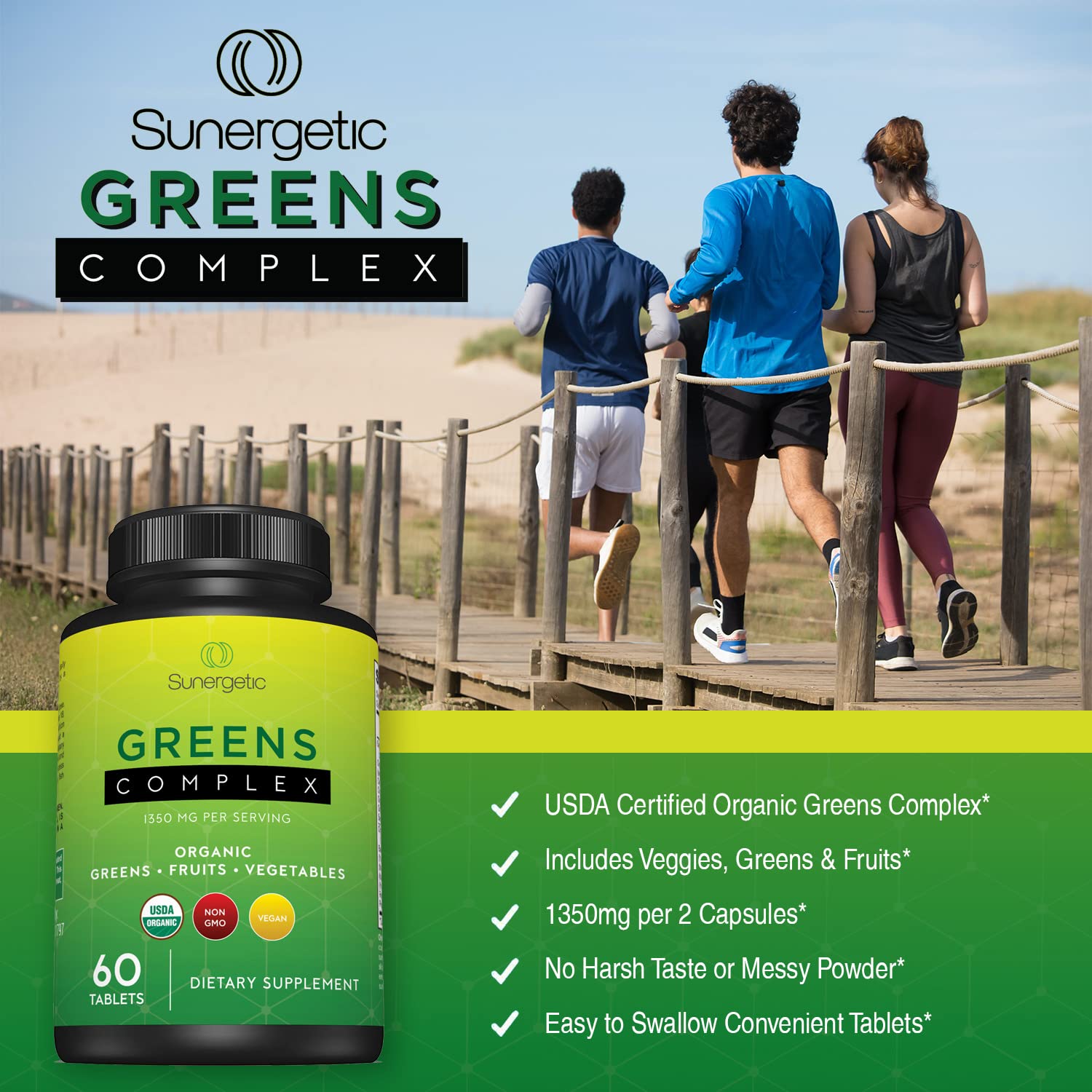Foto 5 pulgar | Suplemento Sunergetic Premium Usda Organic Greens 60 Comprimidos - Venta Internacional.