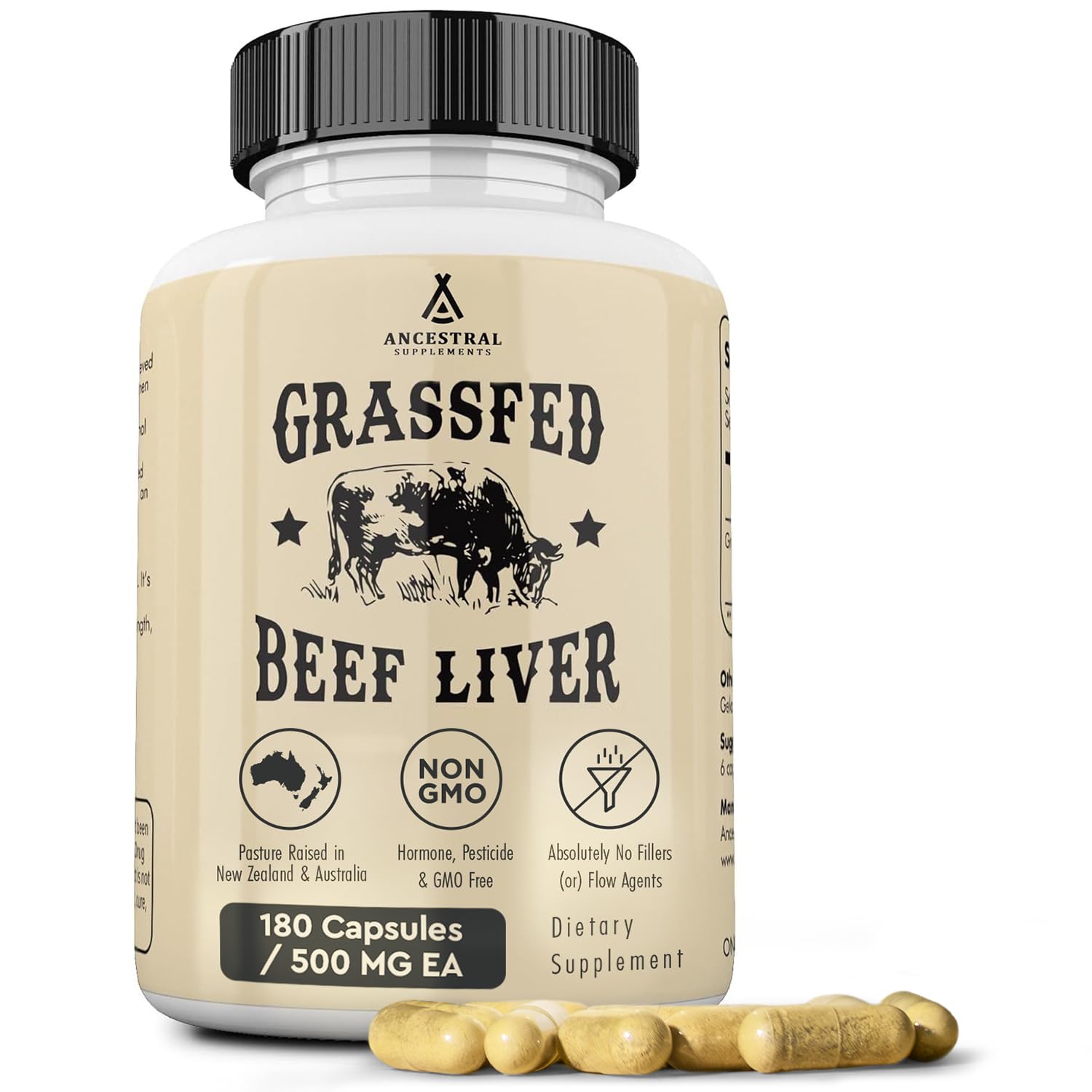 Suplemento Ancestral Supplements, Hígado De Res Alimentado Con Pasto, 180 Cápsulas - Venta Internacional.