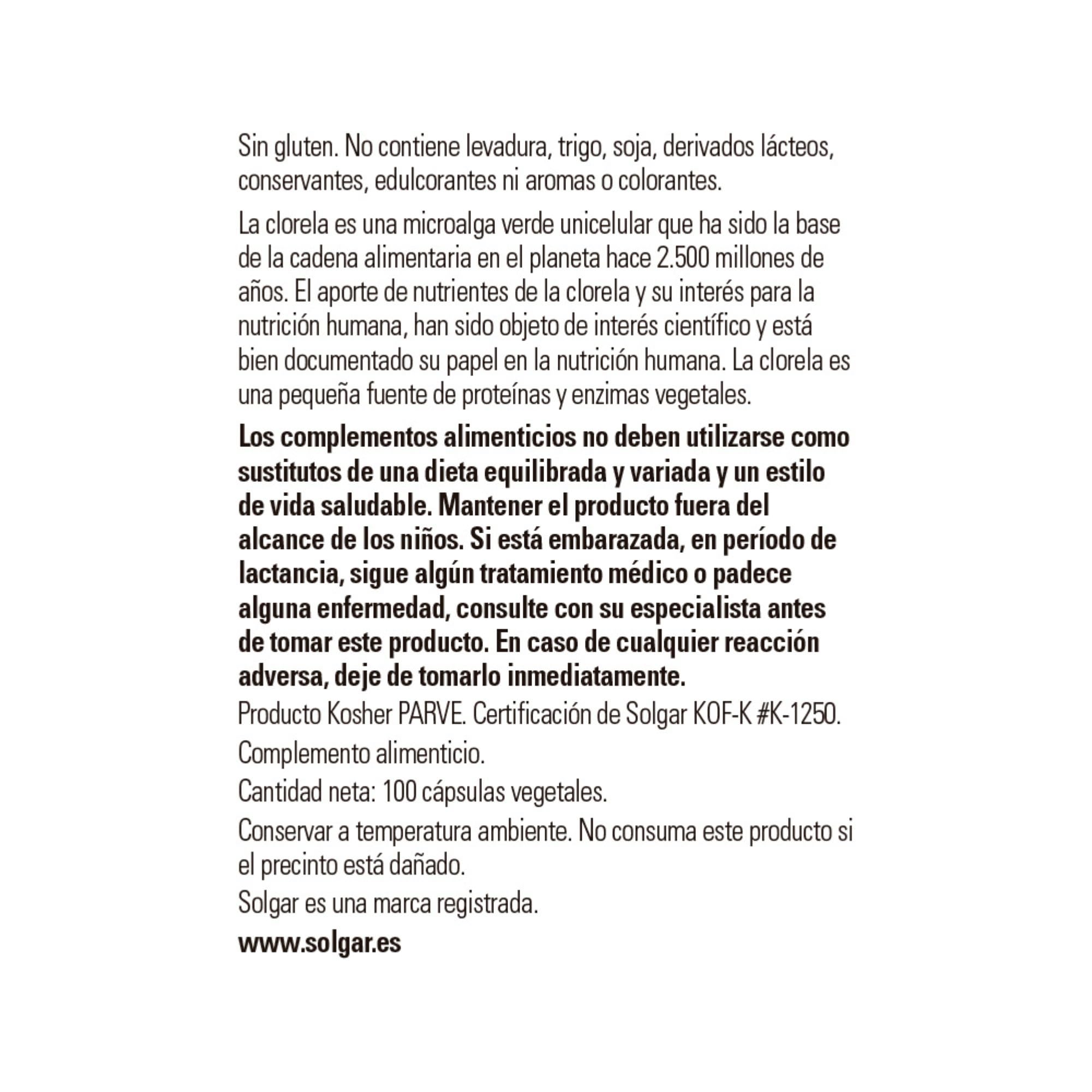 Foto 3 pulgar | Suplemento Solgar Chlorella 100 Cápsulas Vegetales - Venta Internacional.