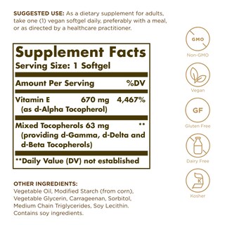 Foto 2 | Suplemento Solgar De Vitamina E 670 Mg (1000 Ui), 100 Cápsulas Blandas Veganas - Venta Internacional.