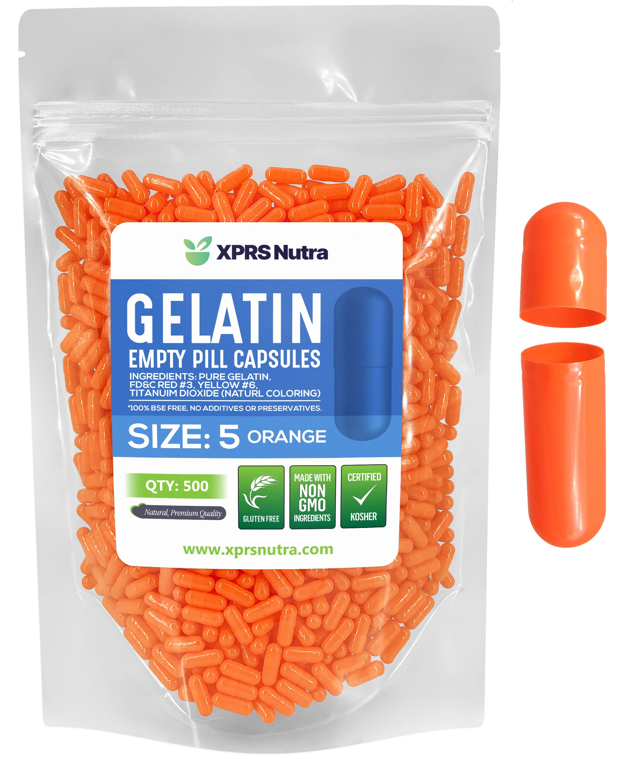 Cápsulas Vacías Xprs Nutra, Tamaño 5, 500 Unidades, Gelatina Naranja - Venta Internacional.