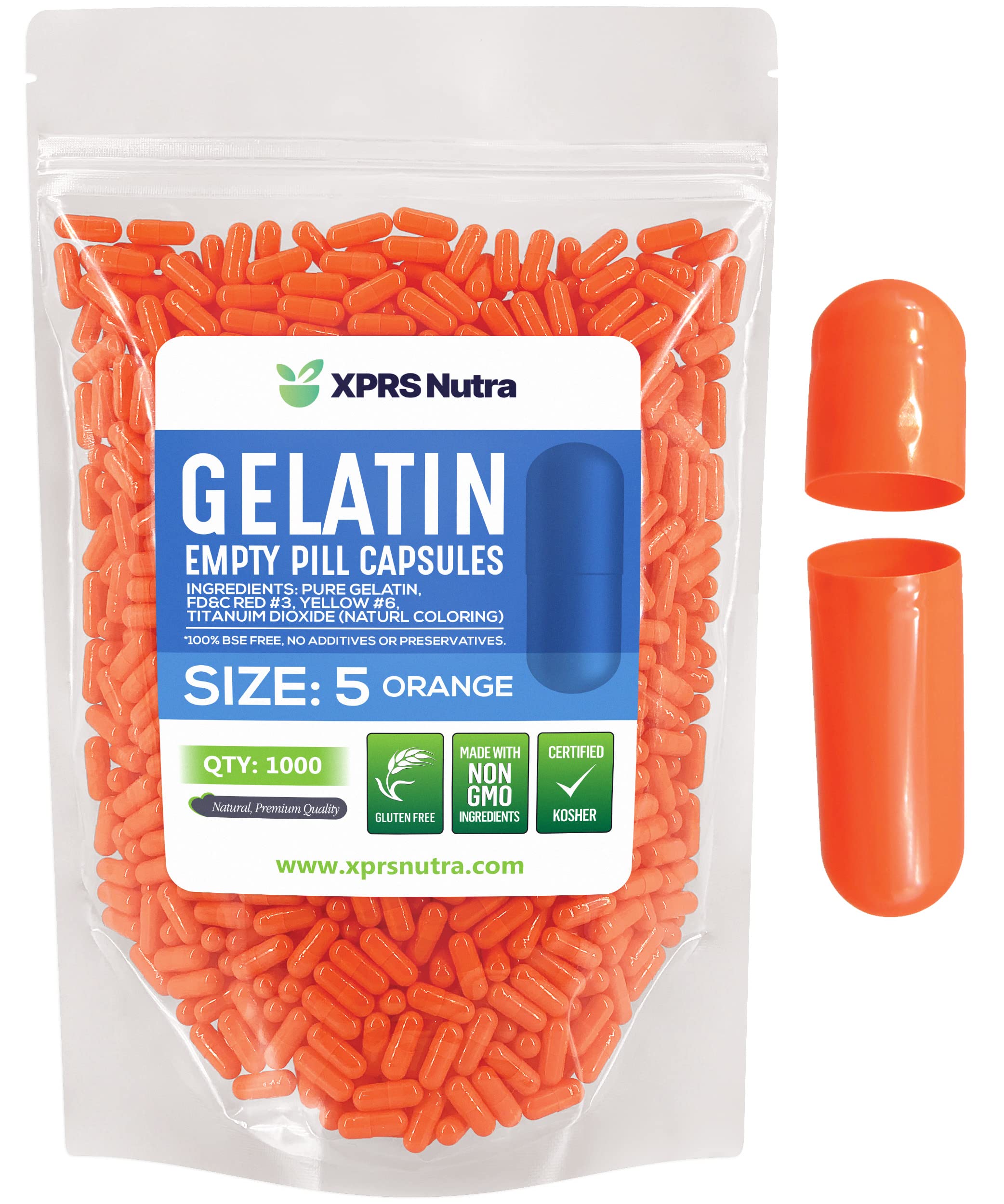 Cápsulas Vacías Xprs Nutra, Tamaño 5, 1000 Unidades, Gelatina Naranja - Venta Internacional.