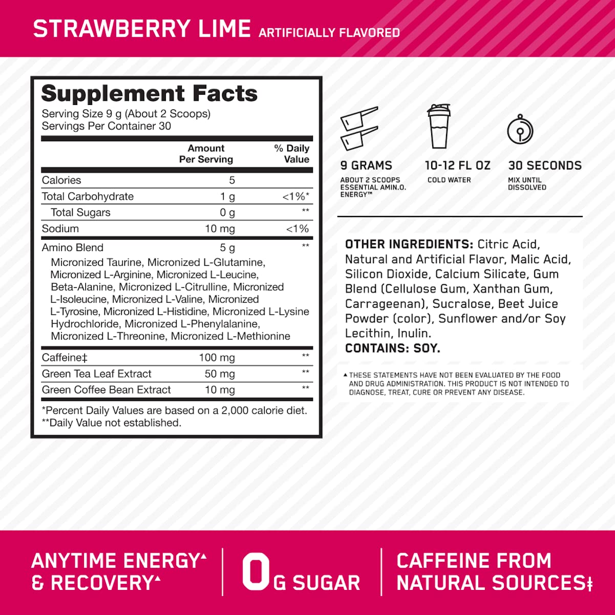 Foto 3 pulgar | Suplemento Optimum Nutrition Amino Energy, Fresa Y Lima, 30 Porciones - Venta Internacional.